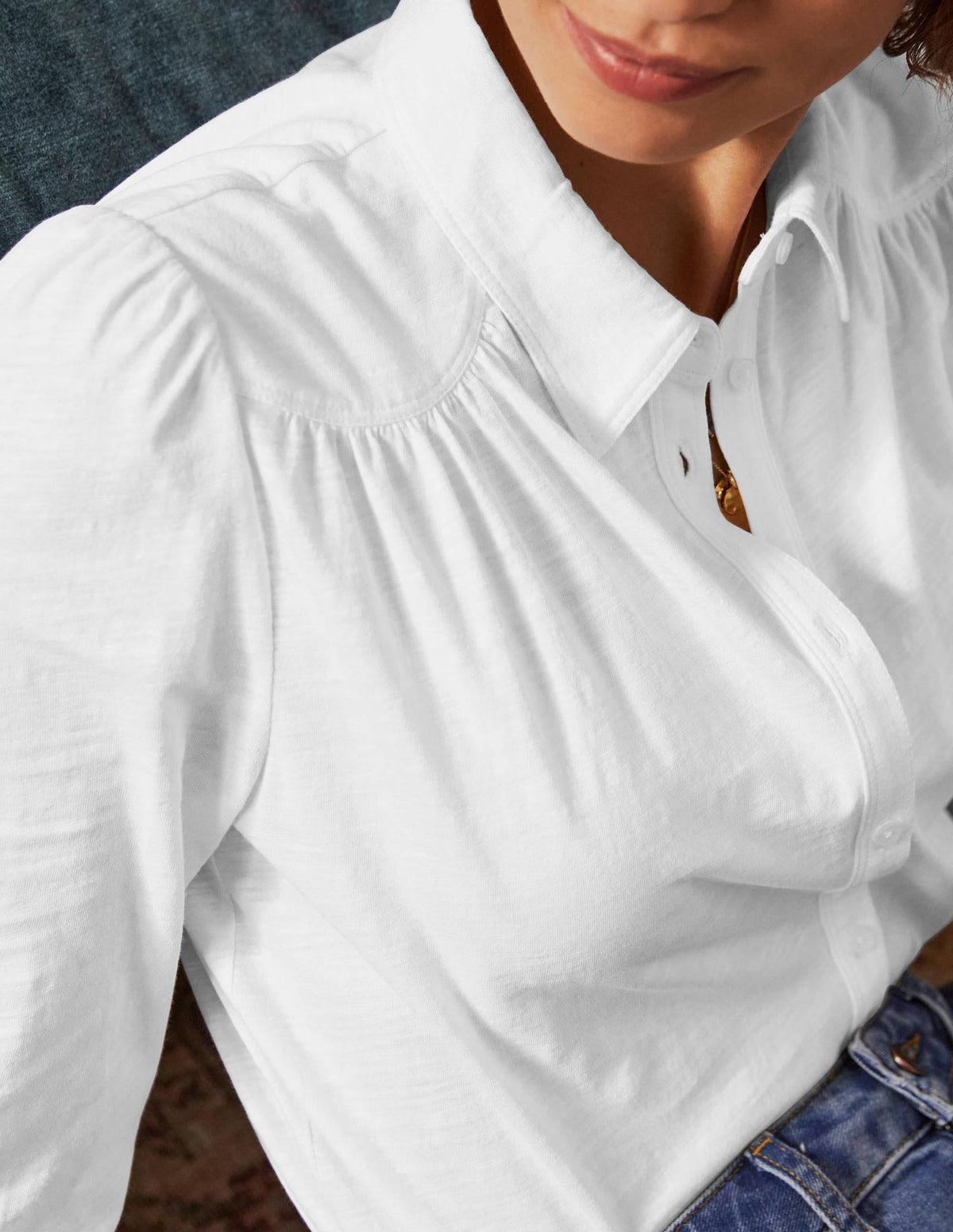 Gathered Detail Jersey Shirt-White-1