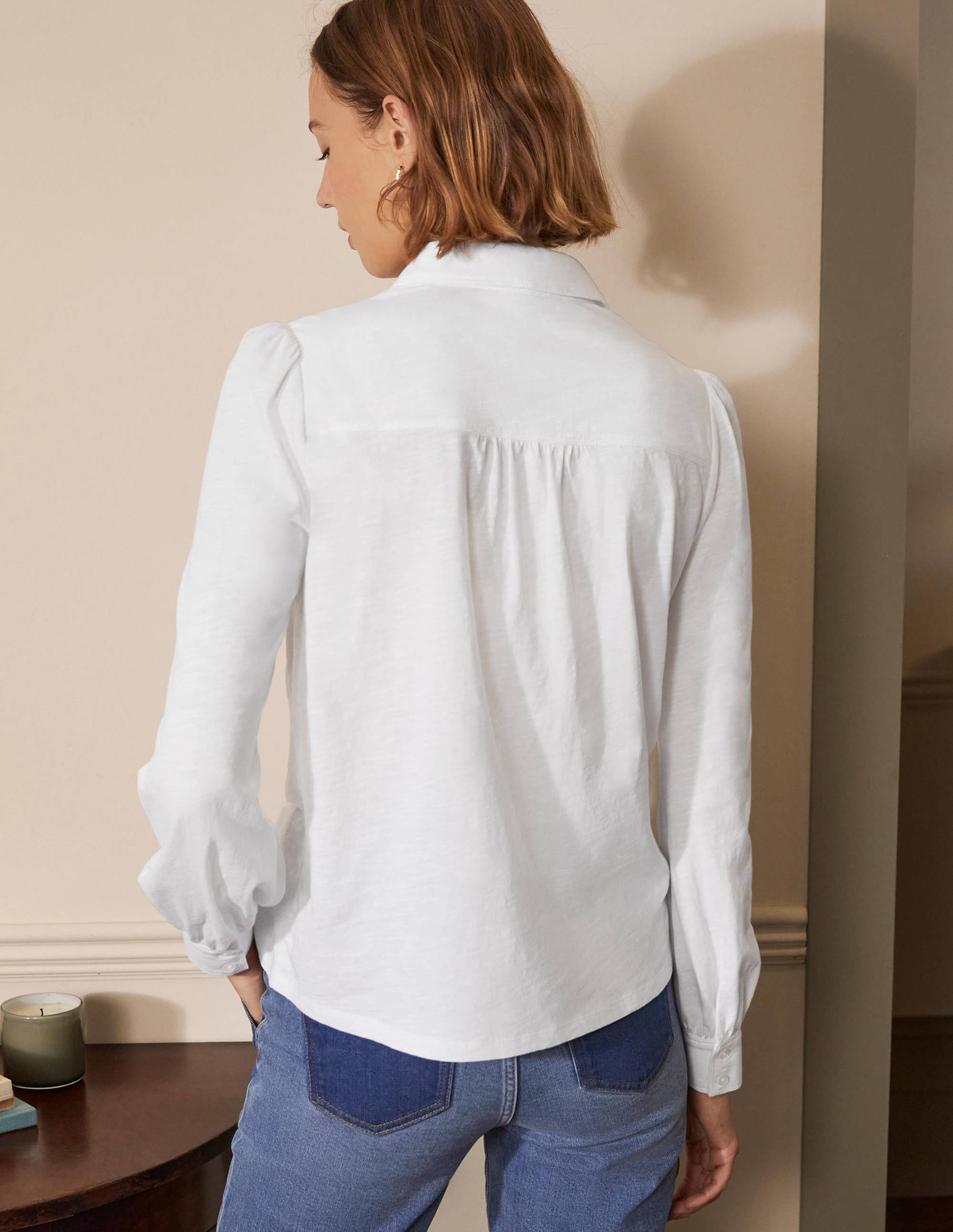 Gathered Detail Jersey Shirt-White - Image 2