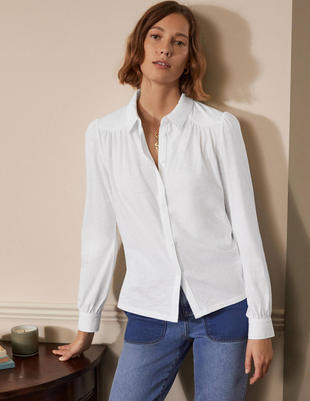 Gathered Detail Jersey Shirt-White - Image 3
