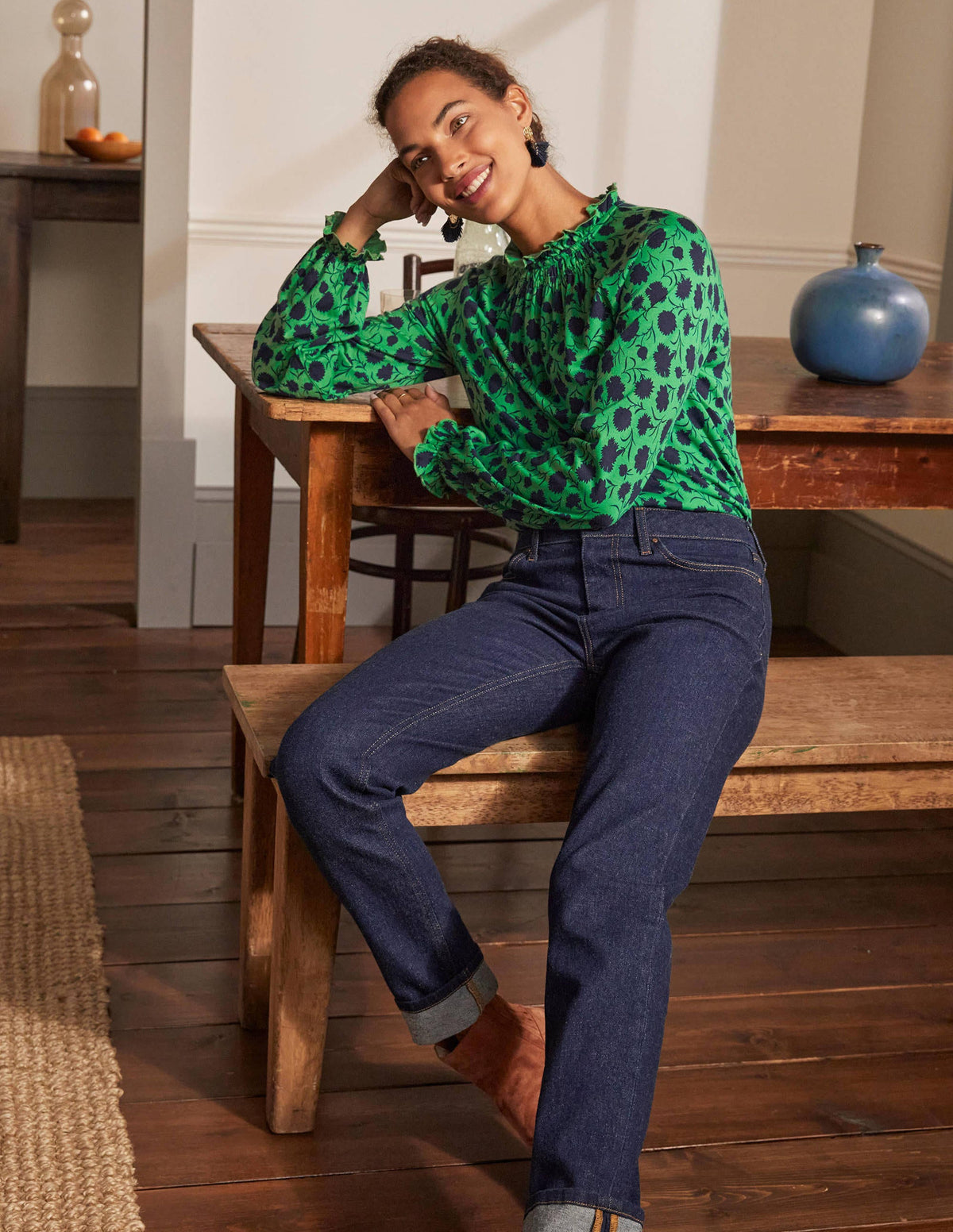 Frill Neck Blouson Jersey Top-Sapling, Leafy Bud - Image 5
