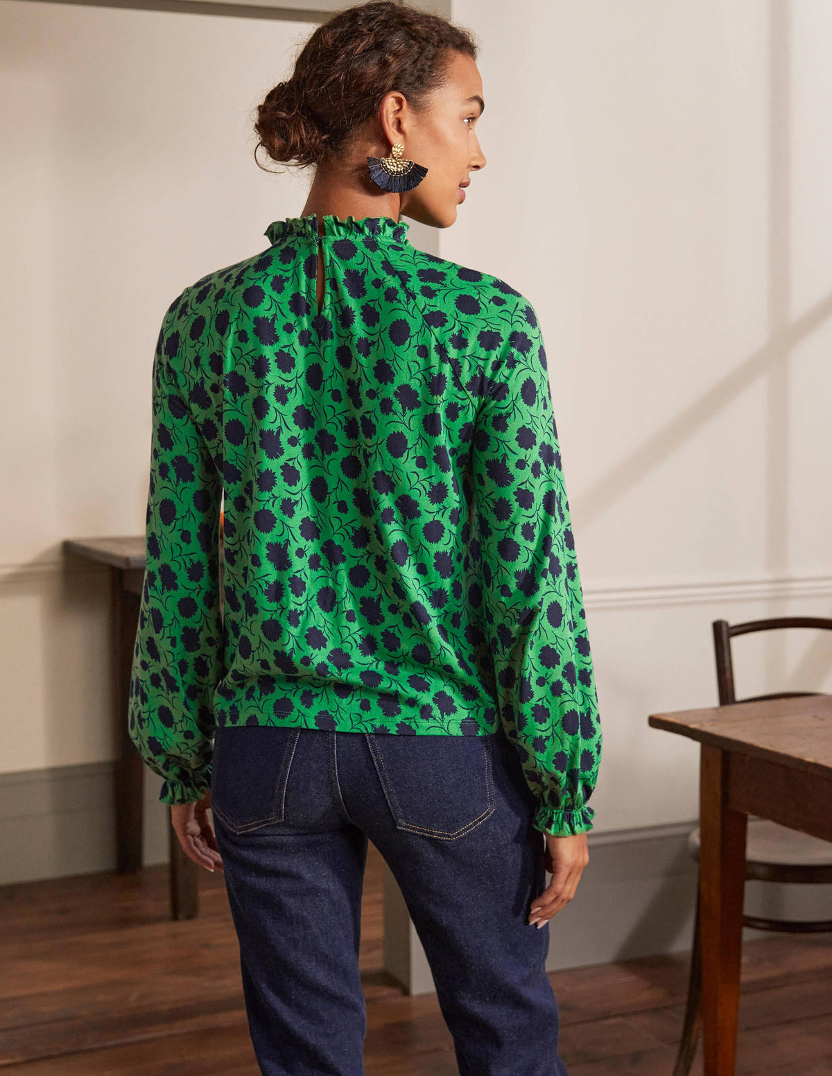 Frill Neck Blouson Jersey Top-Sapling, Leafy Bud - Image 2