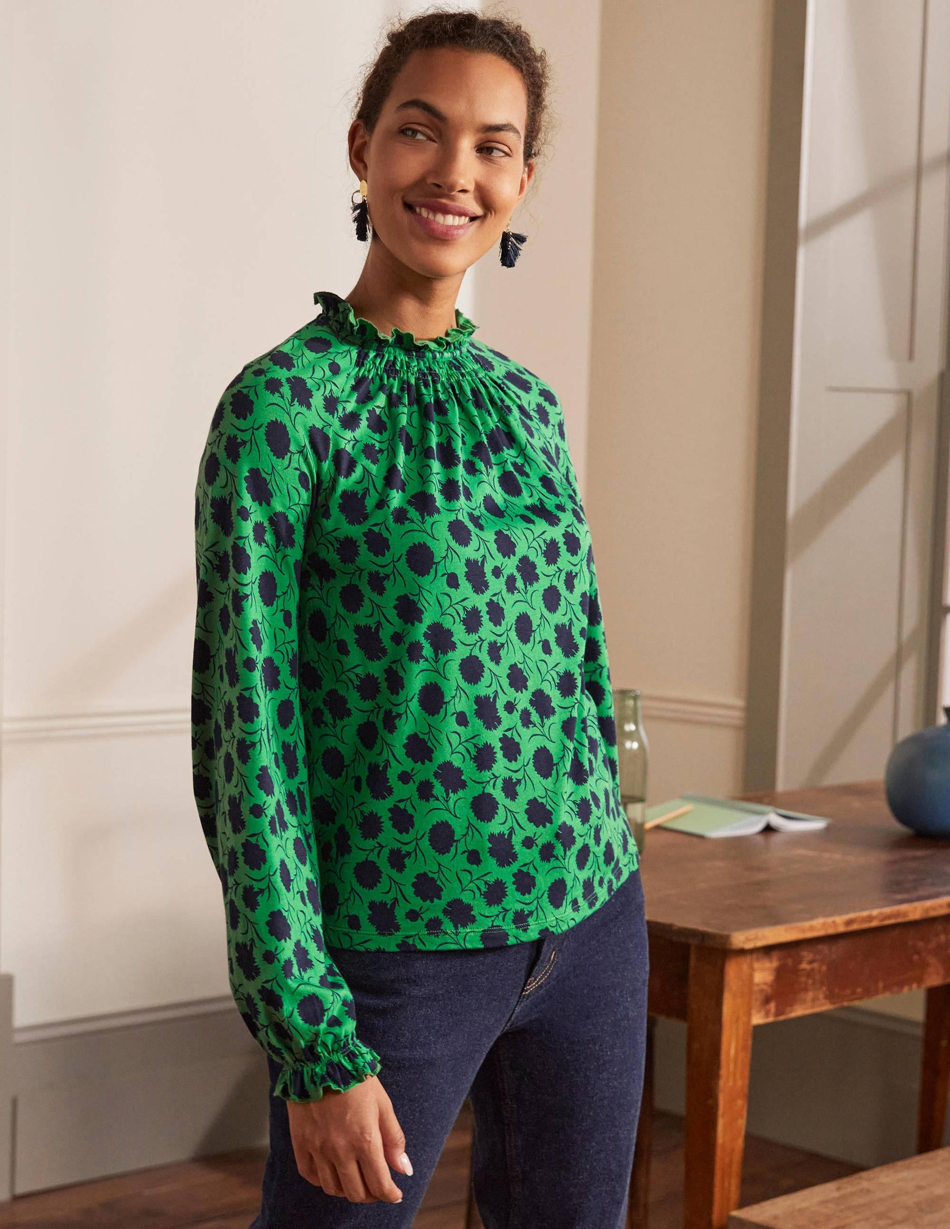 Frill Neck Blouson Jersey Top-Sapling, Leafy Bud-3