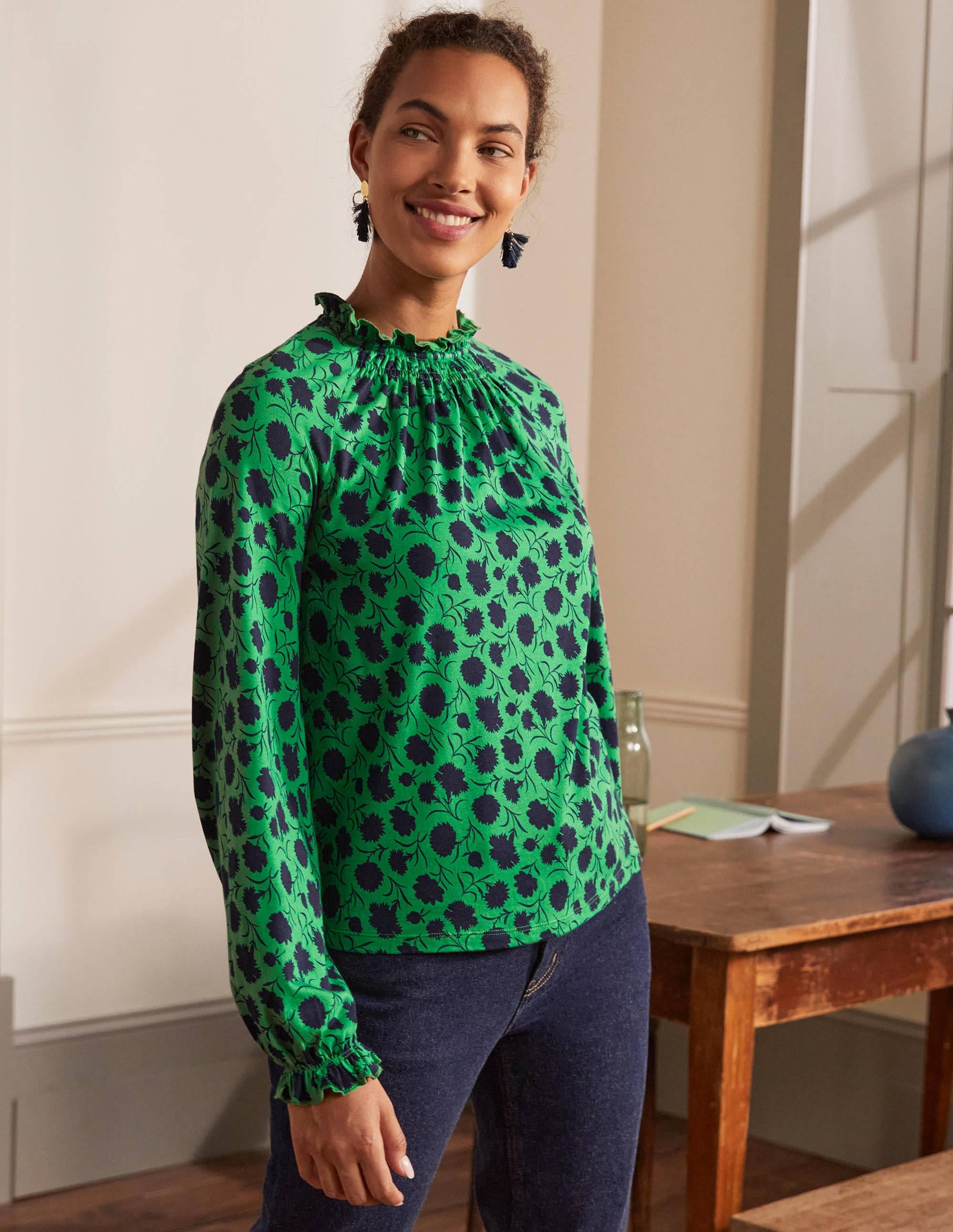 Frill Neck Blouson Jersey Top-Sapling, Leafy Bud - Image 3