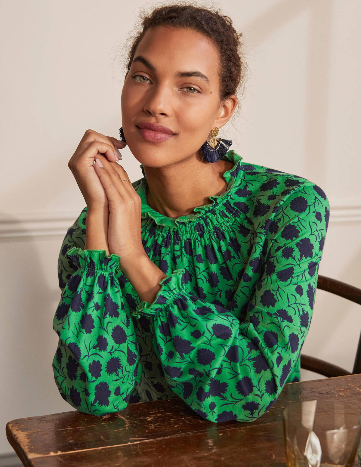 Frill Neck Blouson Jersey Top-Sapling, Leafy Bud - Image 4