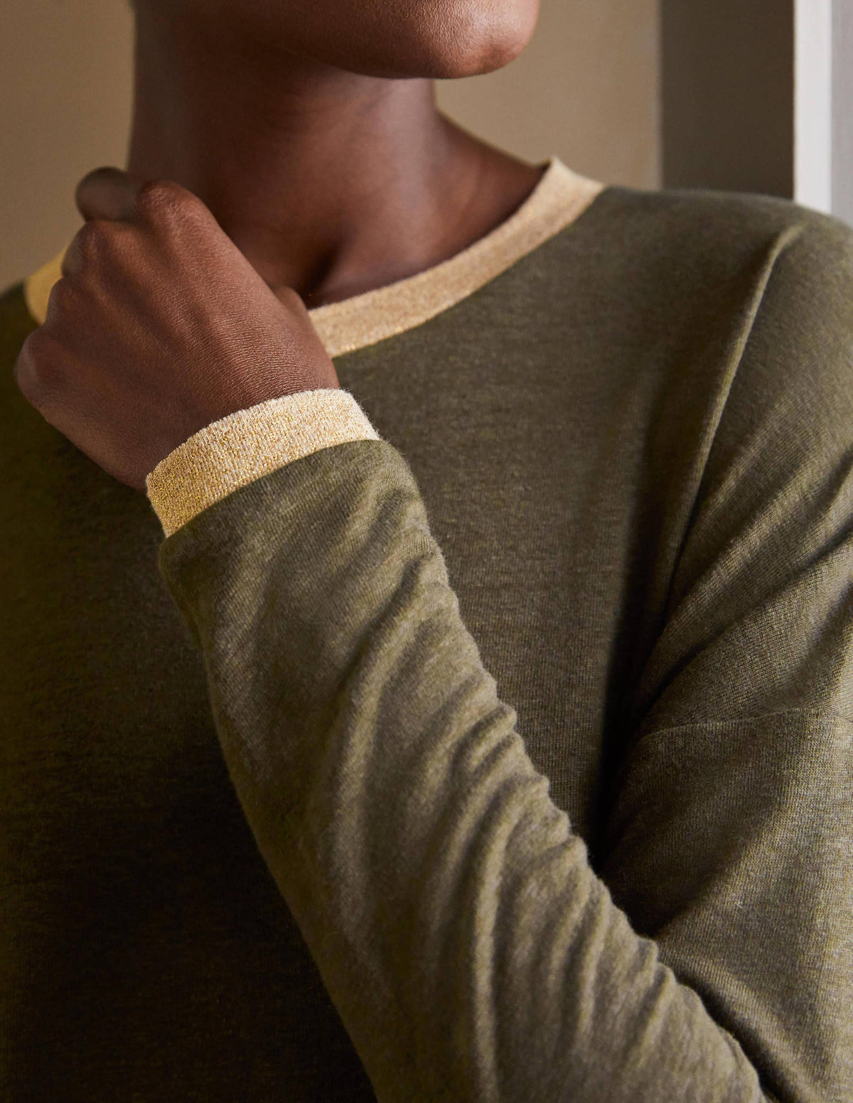 Linen Sparkle Long Sleeve Tee-Classic Khaki - Image 1