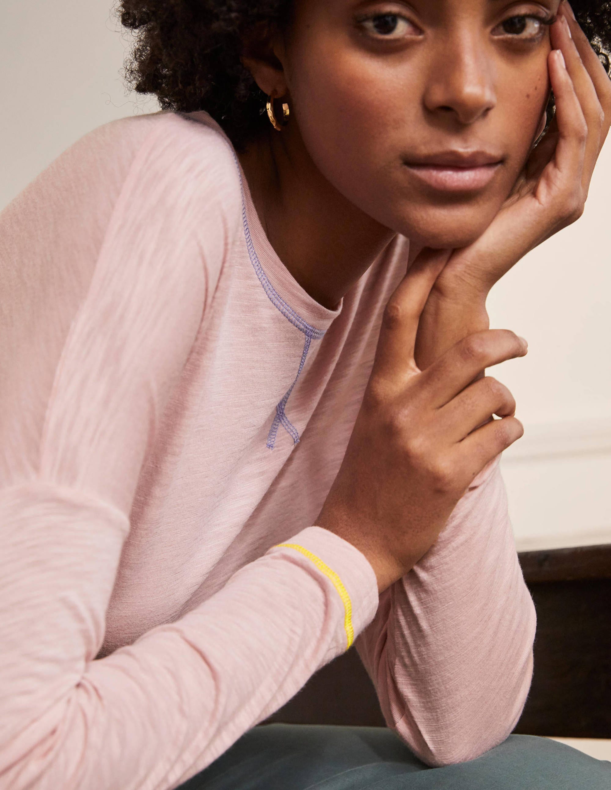 Contrast Stitch Jersey Top-Milkshake - Image 1