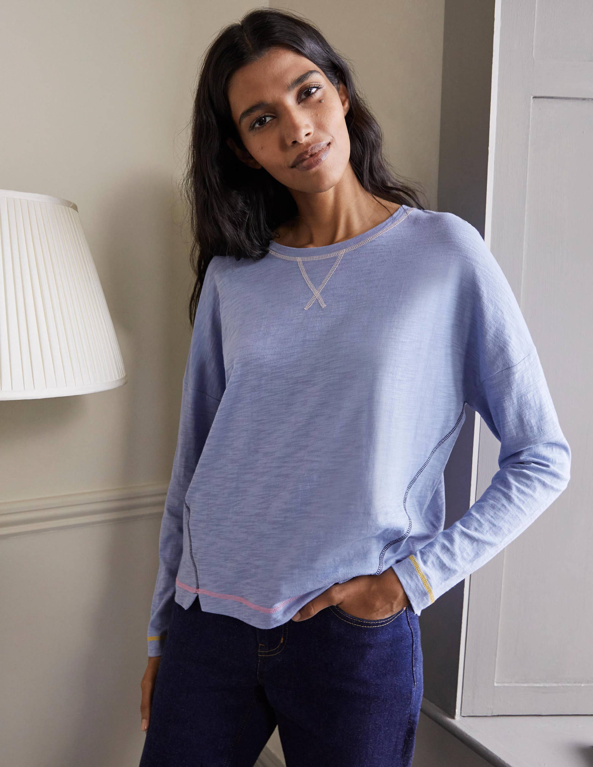 Contrast Stitch Jersey Top-Sea Mist - Image 4