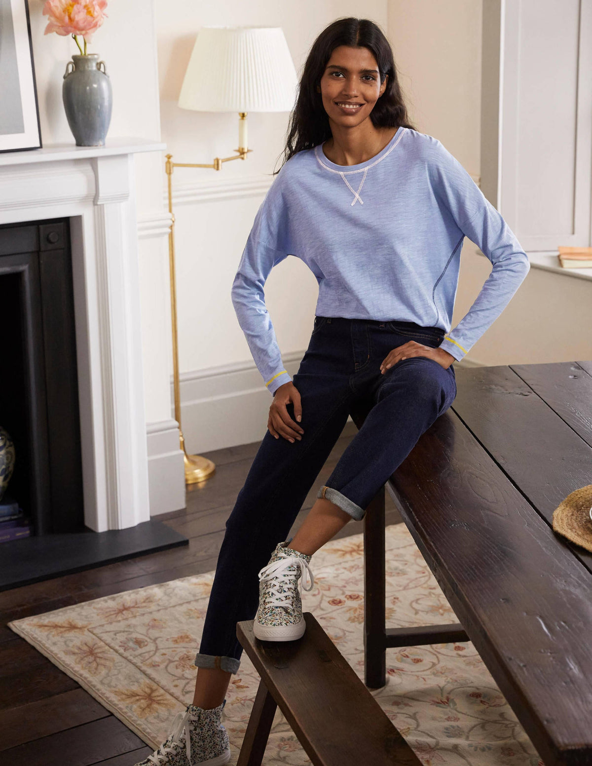 Contrast Stitch Jersey Top-Sea Mist - Image 3