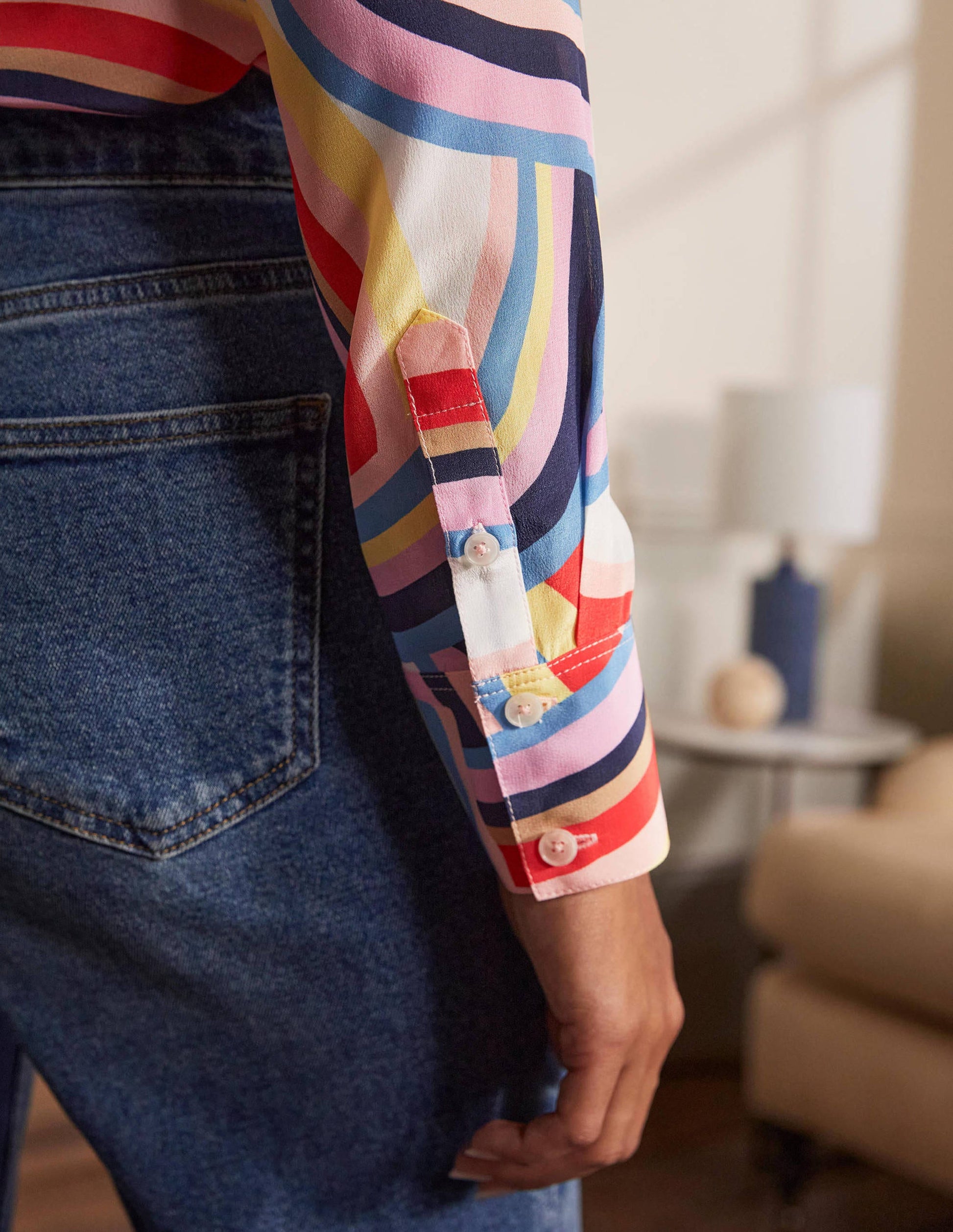 Silk Shirt-Ivory, Abstract Rainbow-1