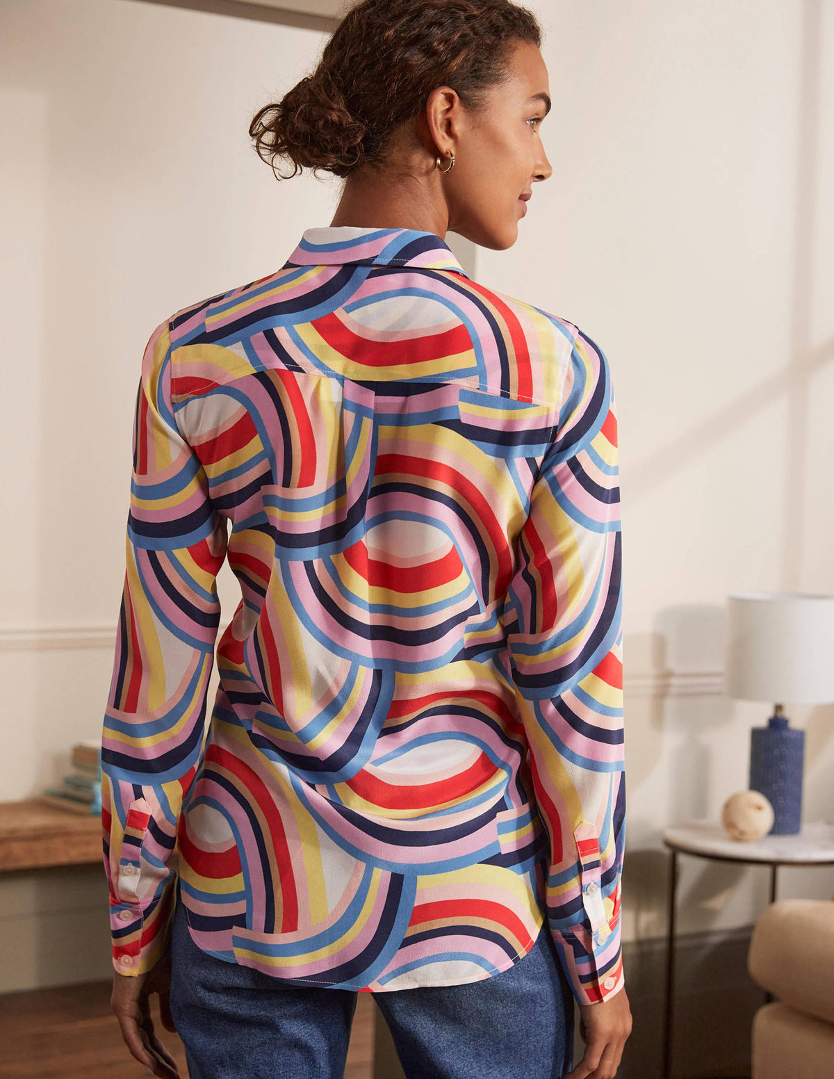 Silk Shirt-Ivory, Abstract Rainbow-2