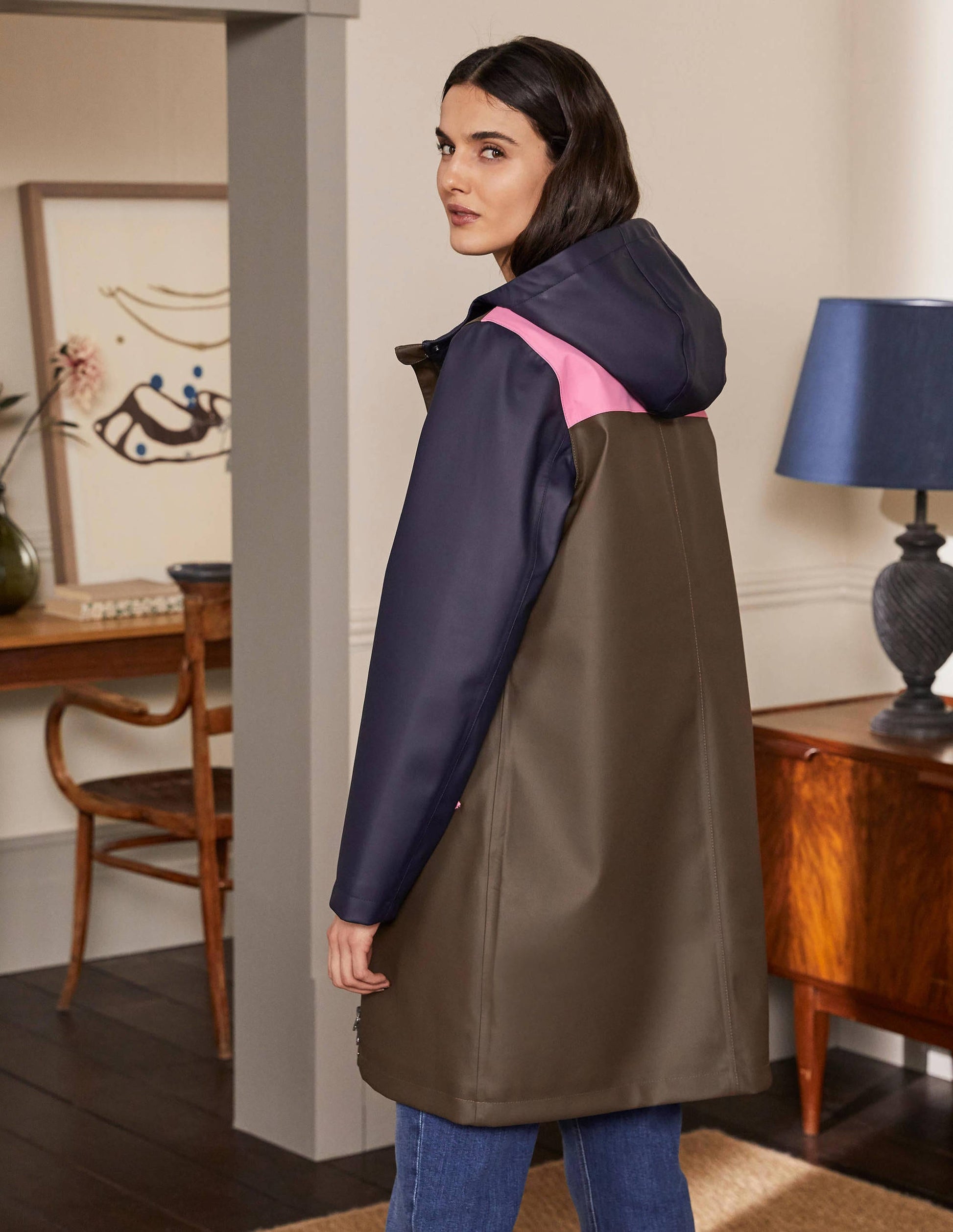 Morris Waterproof Mac-Khaki and Navy Colourblock-2