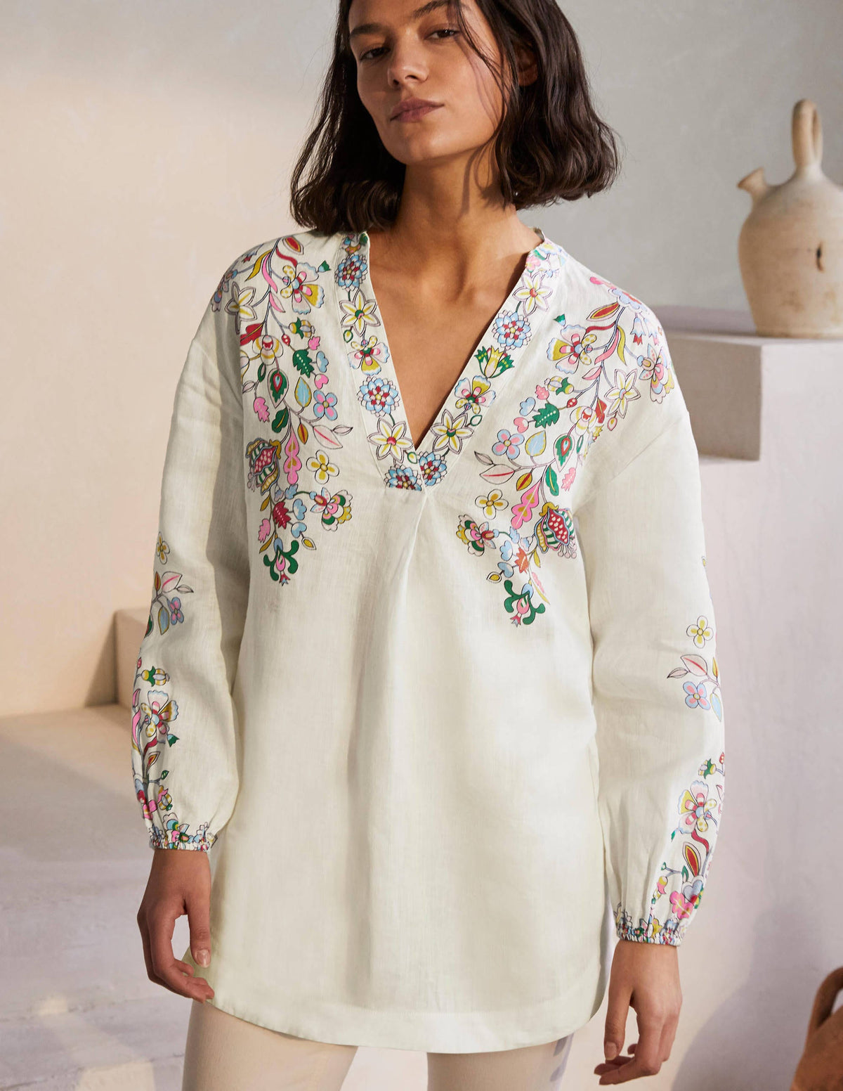 Hannah Linen Shirt-Ivory, Kaleidoscopic Floral-4