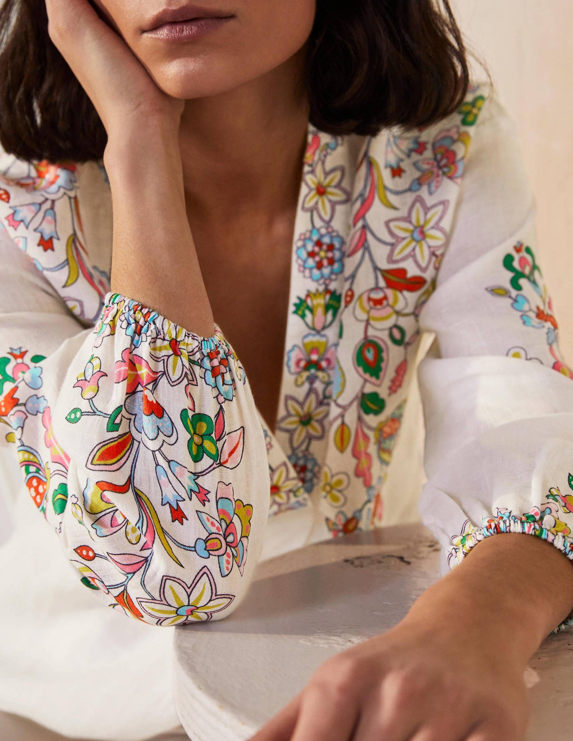 Hannah Linen Shirt-Ivory, Kaleidoscopic Floral-3