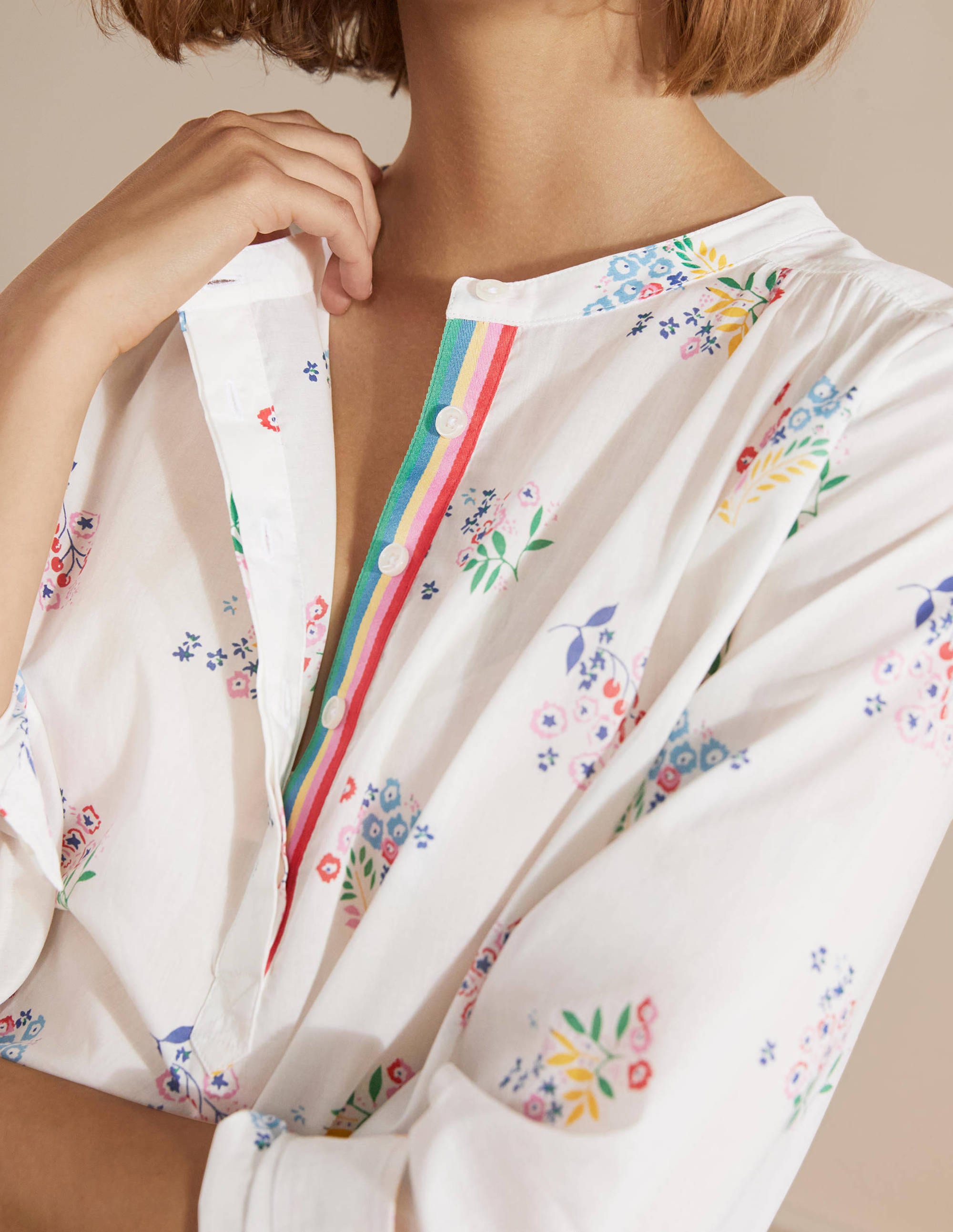 Relaxed Popover Cotton Shirt-Ivory, Delicate Sprig - Image 1