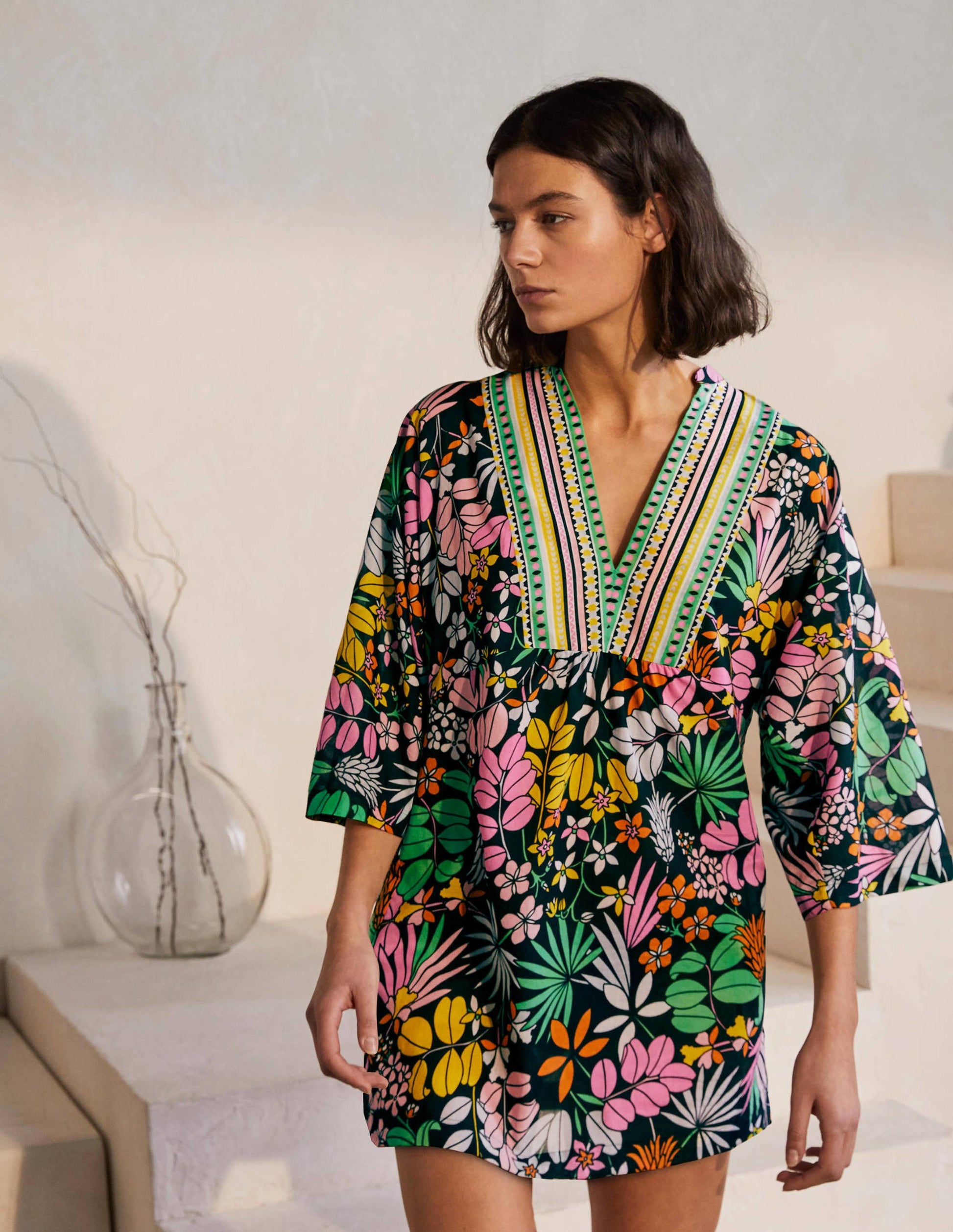 Wide Sleeve Cotton Kaftan-Black, Jungle Floral-4
