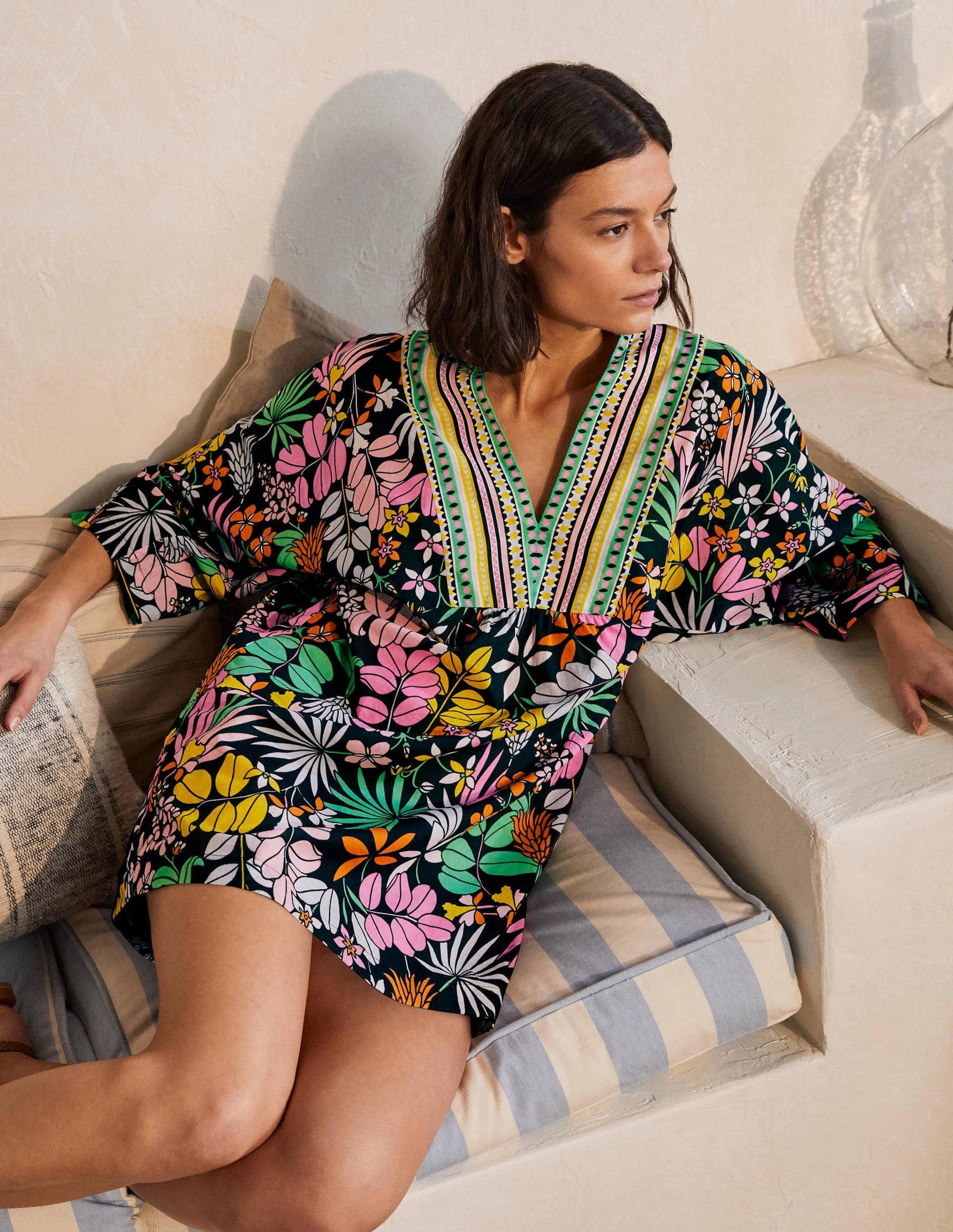 Wide Sleeve Cotton Kaftan-Black, Jungle Floral-1