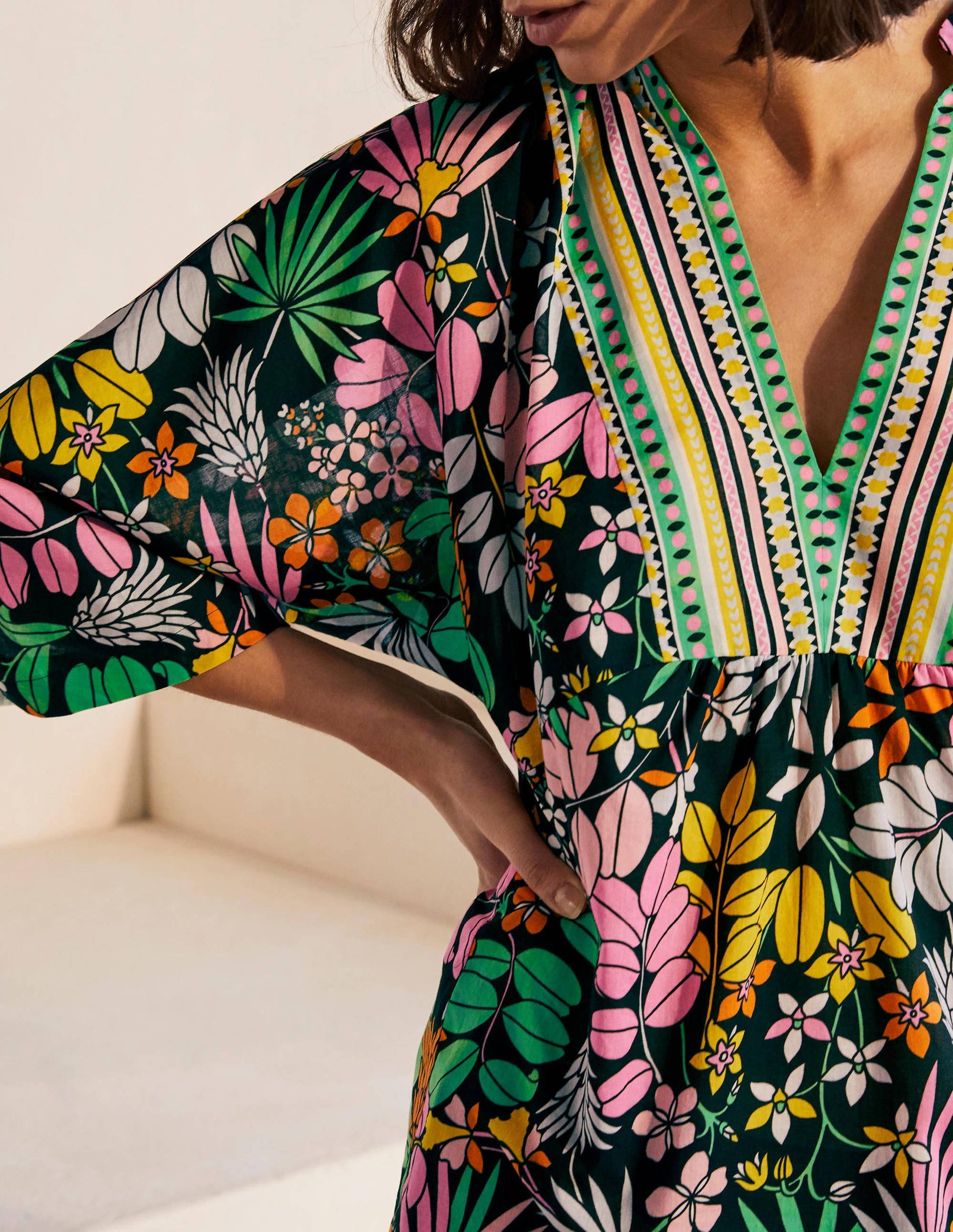 Wide Sleeve Cotton Kaftan-Black, Jungle Floral-3