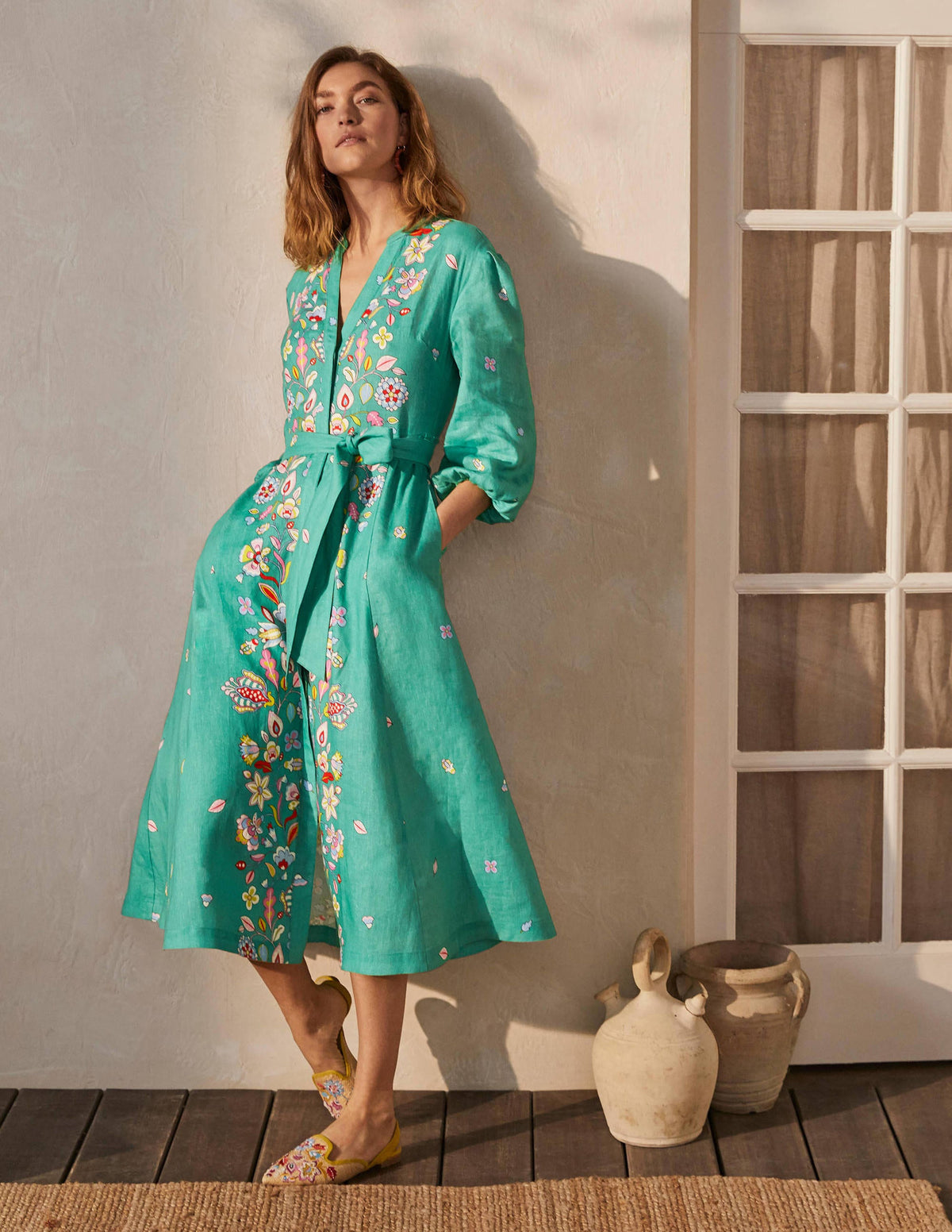 Addie Linen Midi Dress-Leafy Green, Placement Print - Image 4