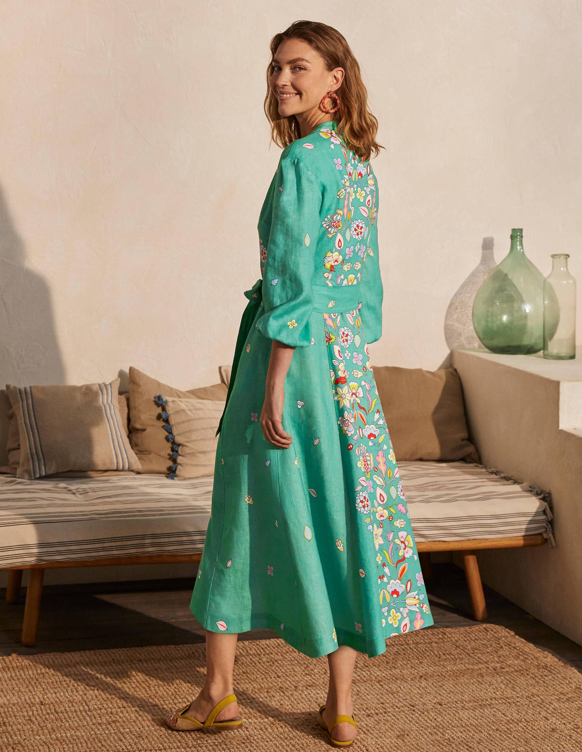 Addie Linen Midi Dress-Leafy Green, Placement Print-2