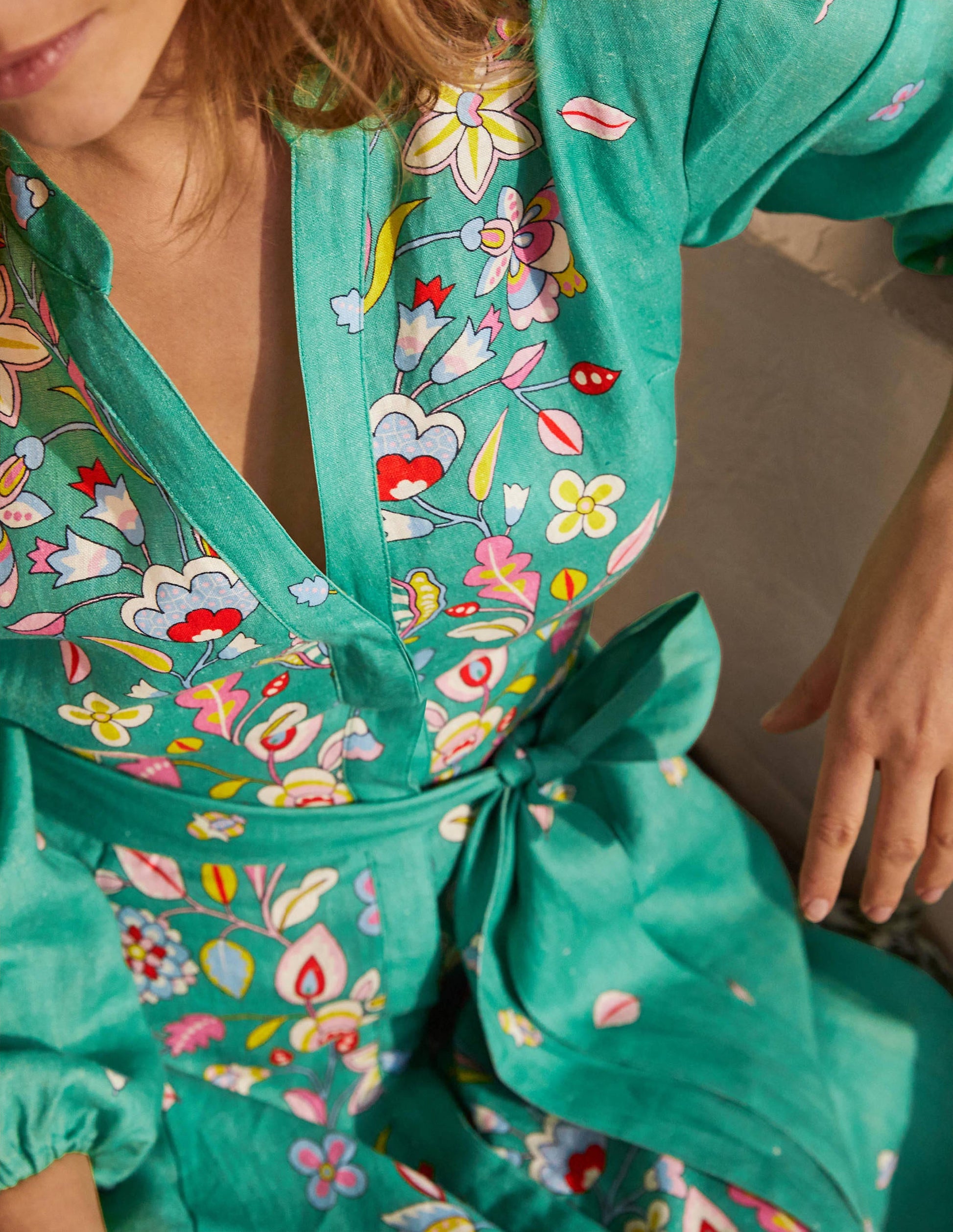 Addie Linen Midi Dress-Leafy Green, Placement Print-3