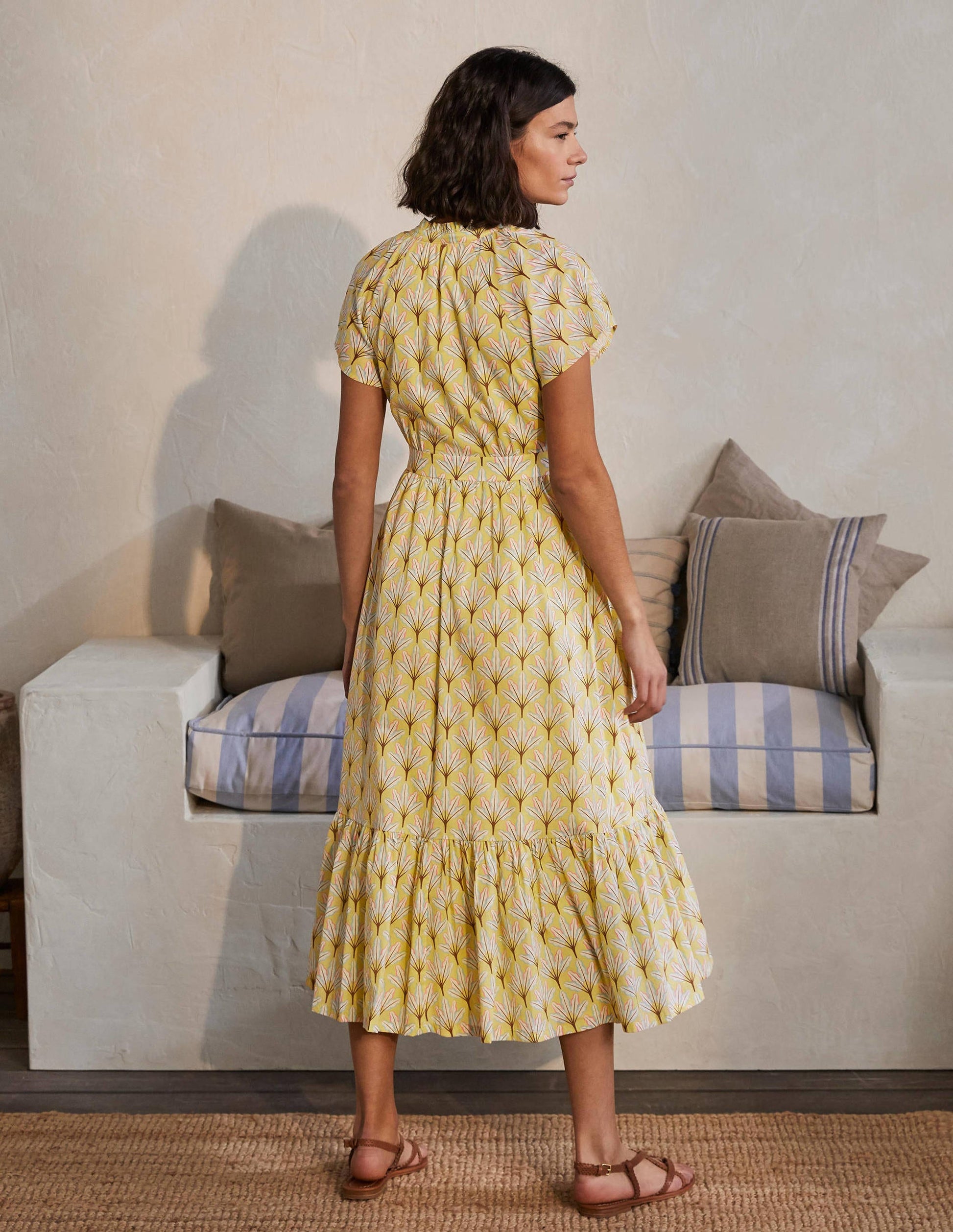 Bernadette Cotton Midi Dress-Corn Yellow, Intricate Leaf-2