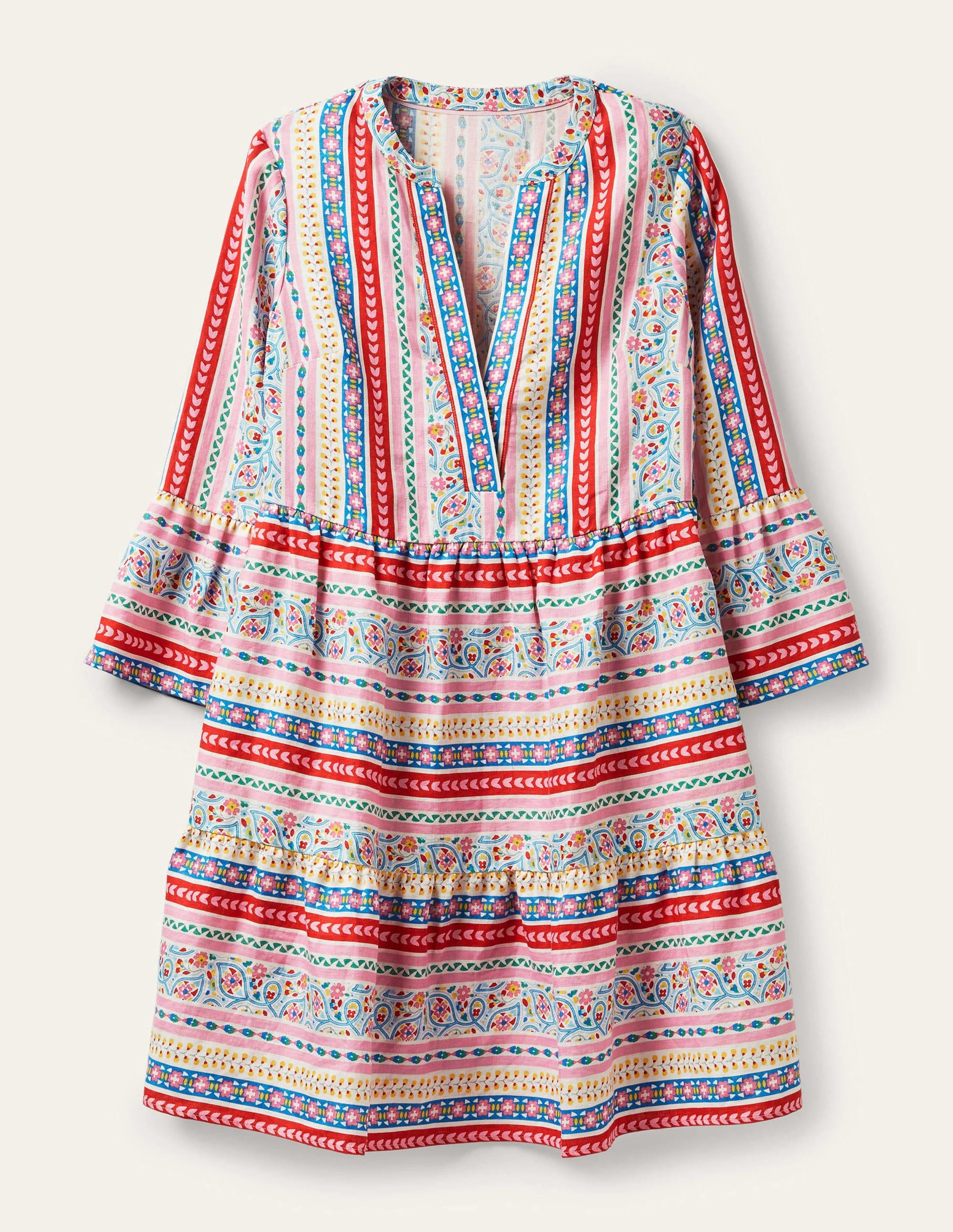 Relaxed Linen Tiered Dress-Ivory, Exotic Border-4