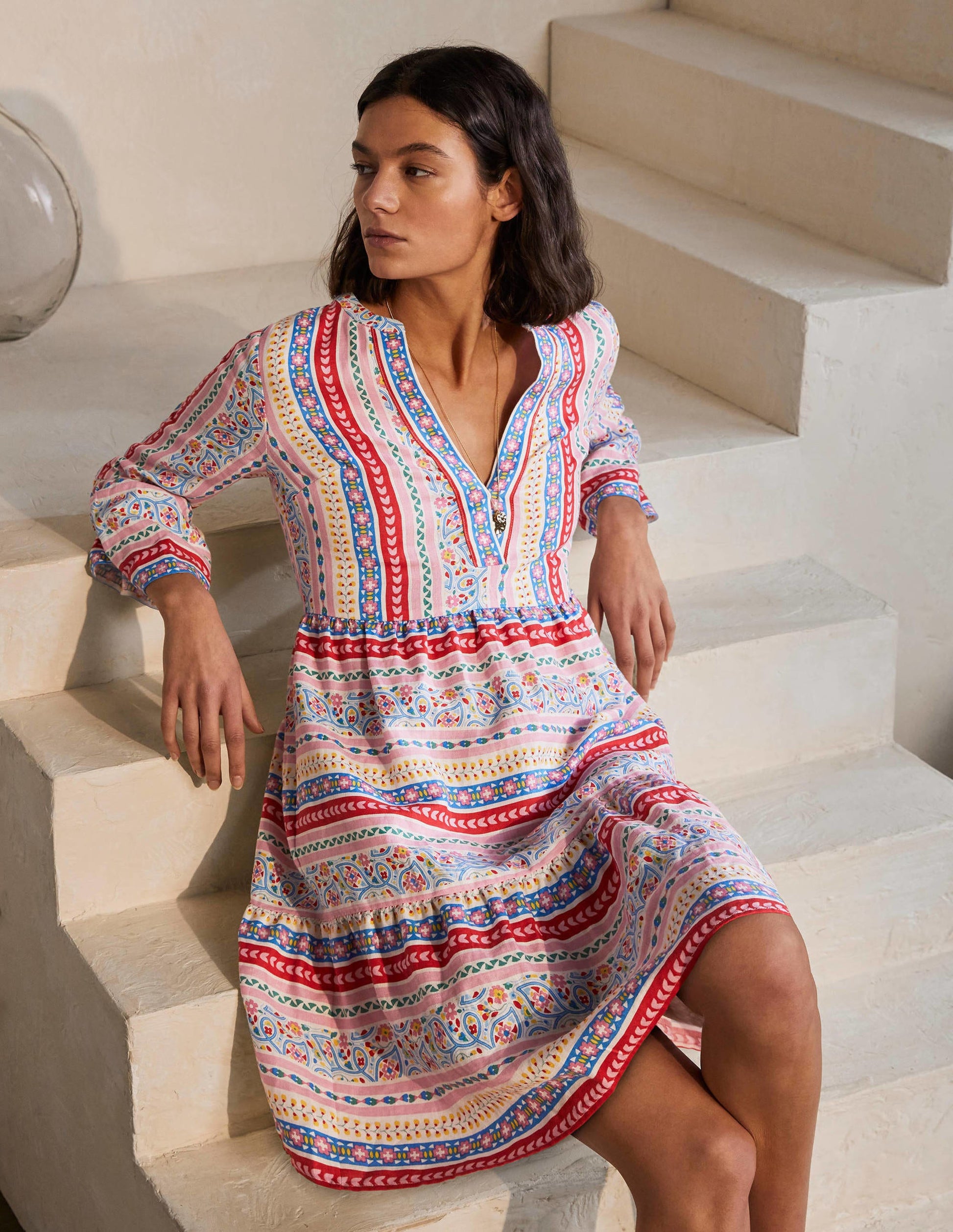 Relaxed Linen Tiered Dress-Ivory, Exotic Border-1
