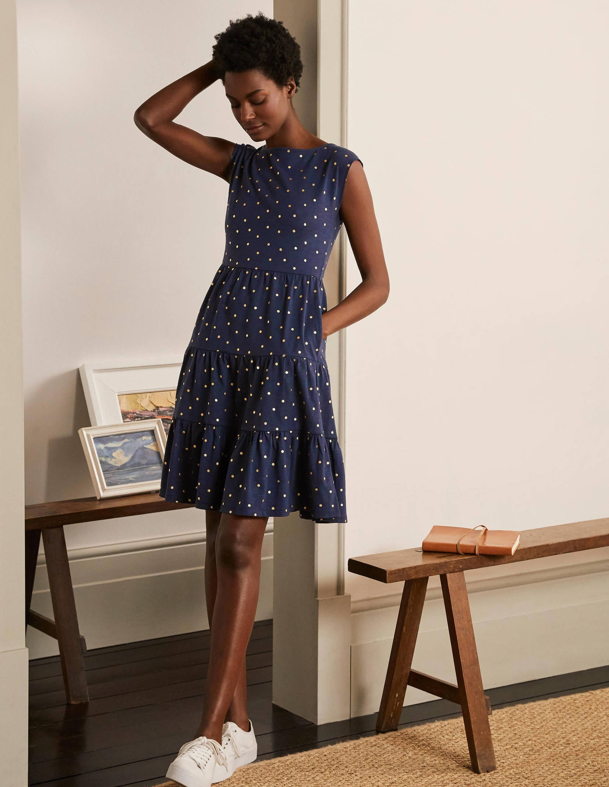 Romaine Tiered Jersey Dress-Navy and Gold, Polka Dot - Image 2