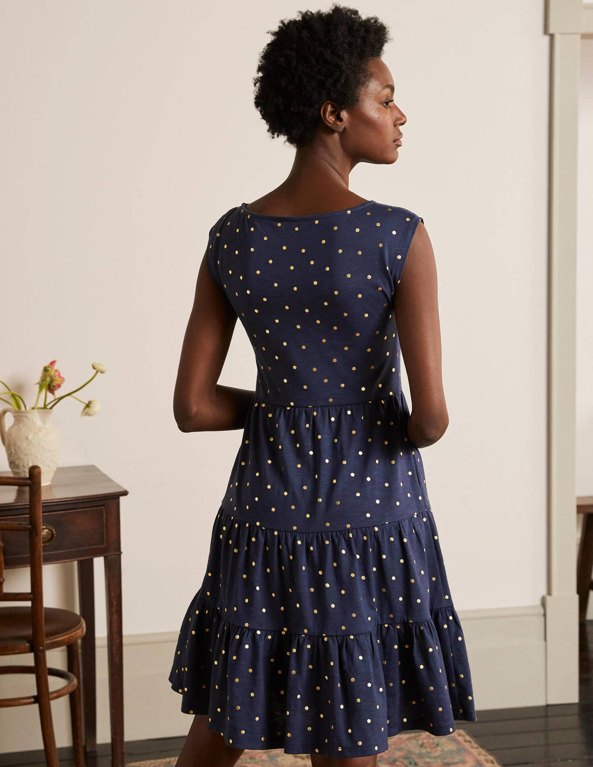 Romaine Tiered Jersey Dress-Navy and Gold, Polka Dot - Image 3