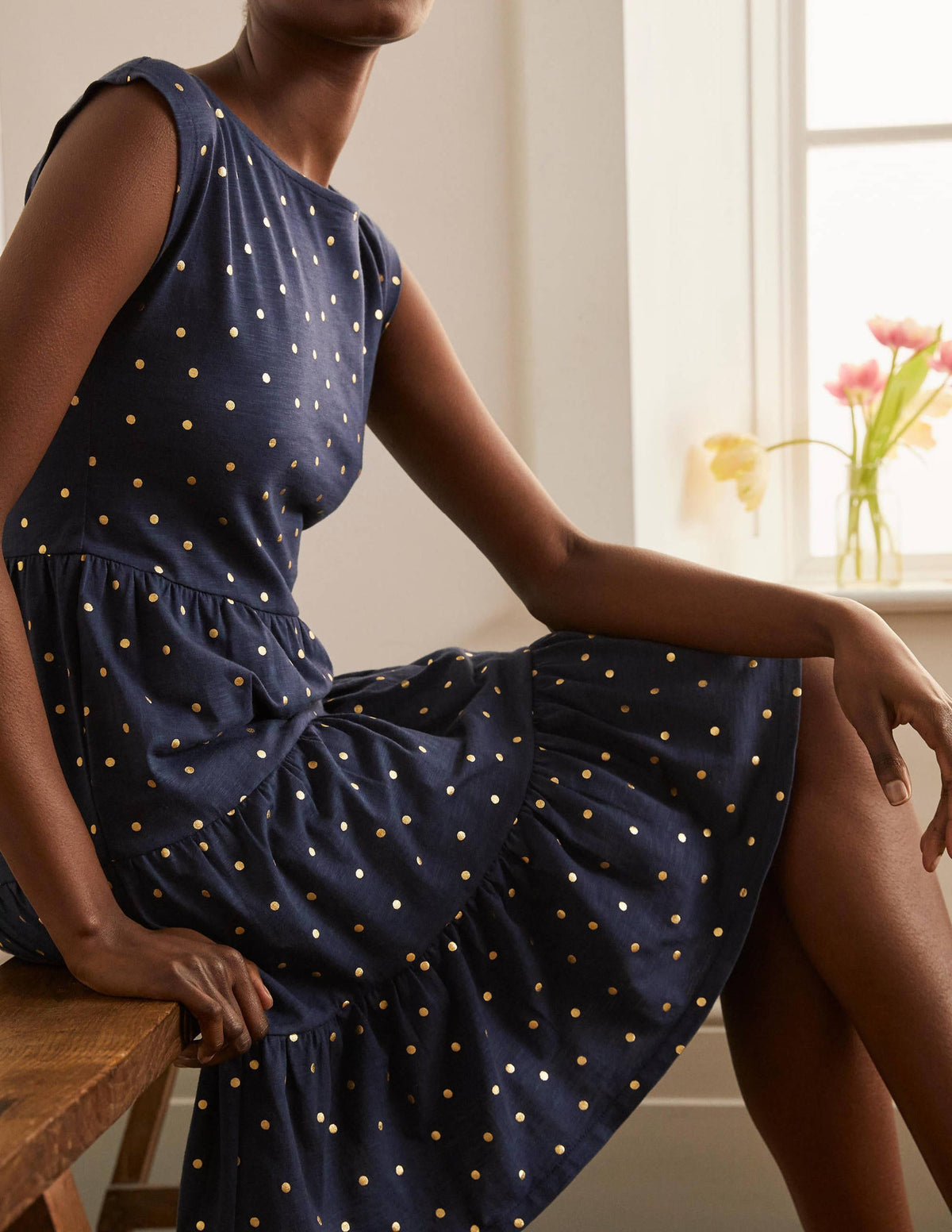 Romaine Tiered Jersey Dress-Navy and Gold, Polka Dot - Image 4