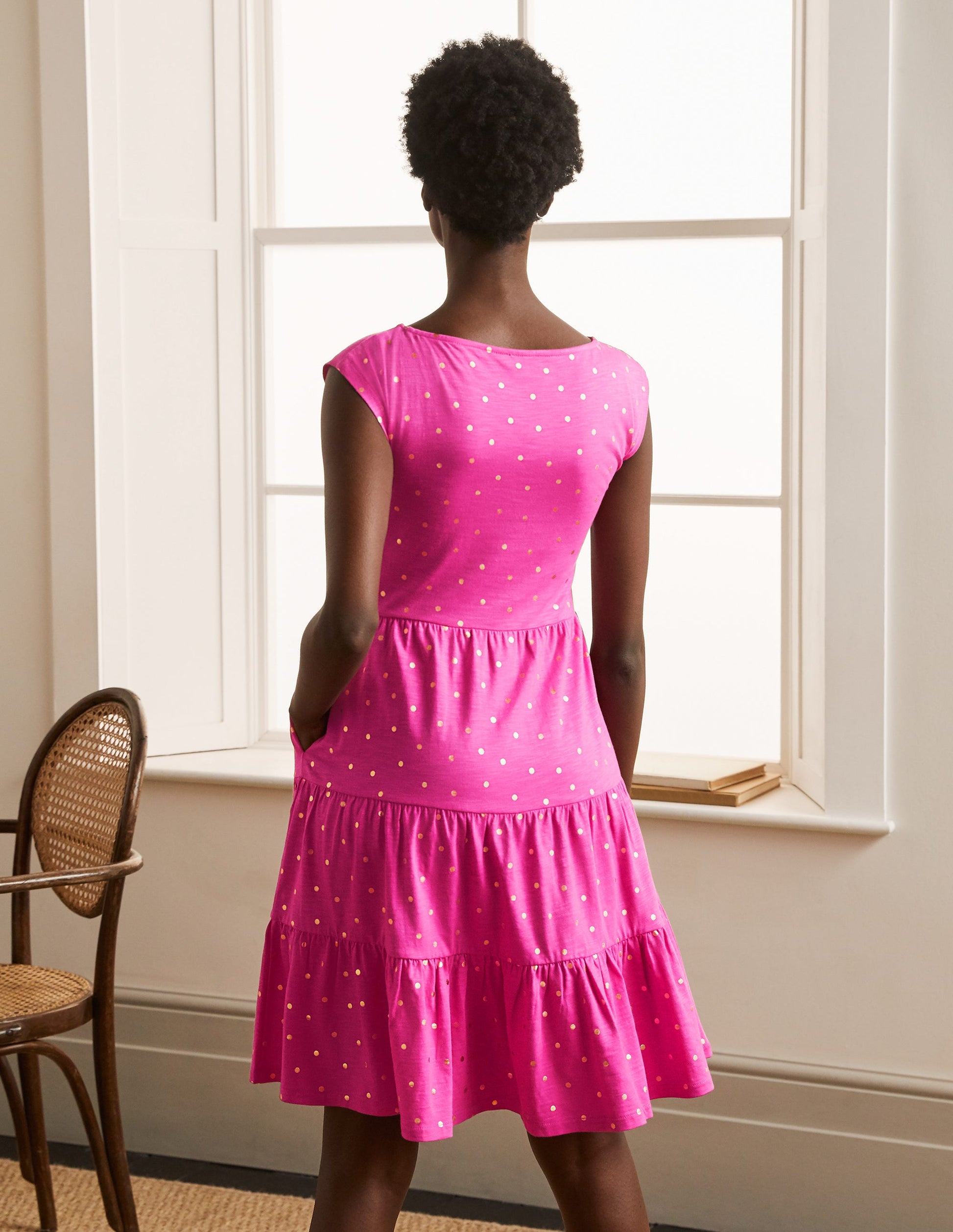 Romaine Tiered Jersey Dress-Party Pink and Gold, Polka Dot-3