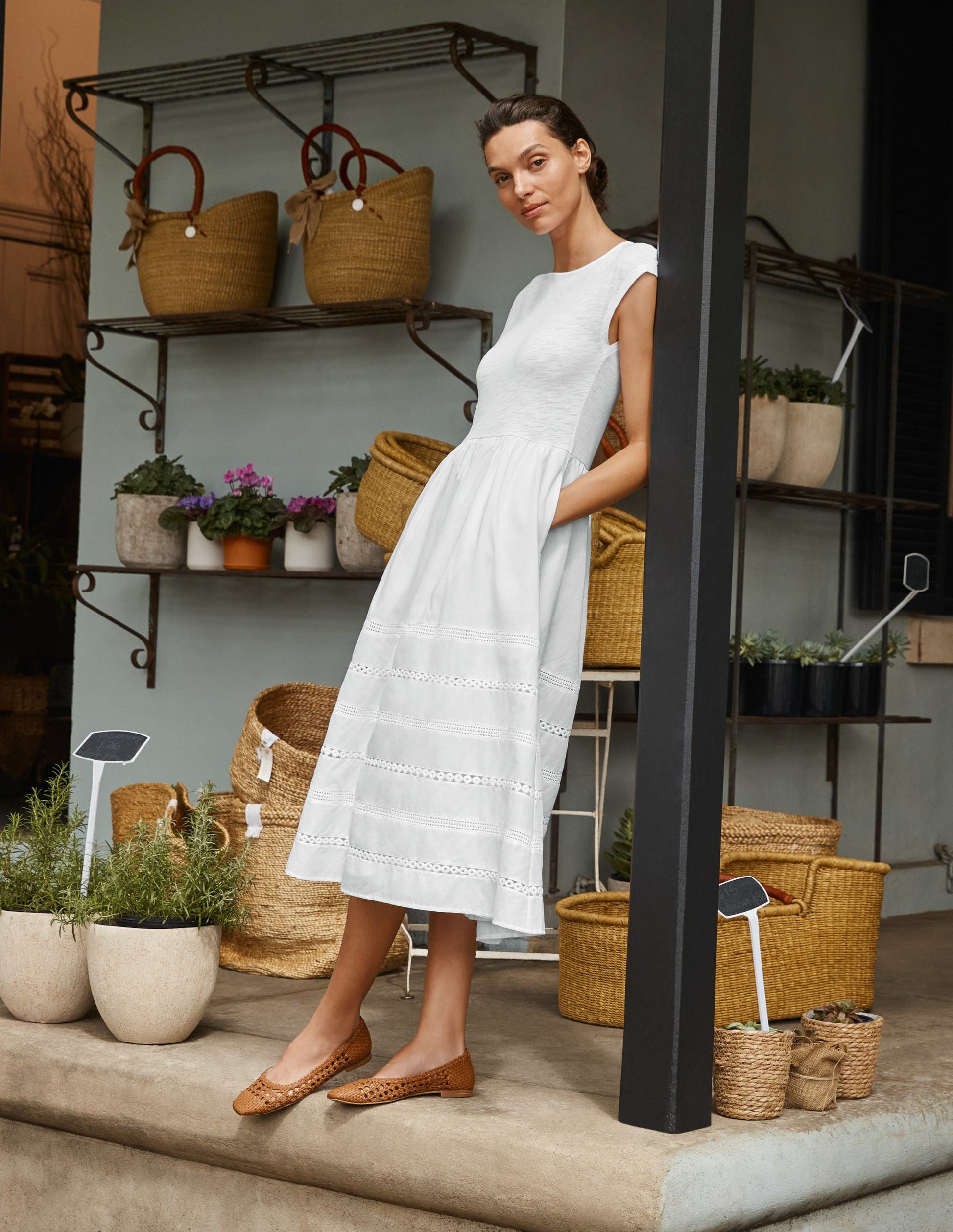 Woven Mix Trim Detail Dress-White-7