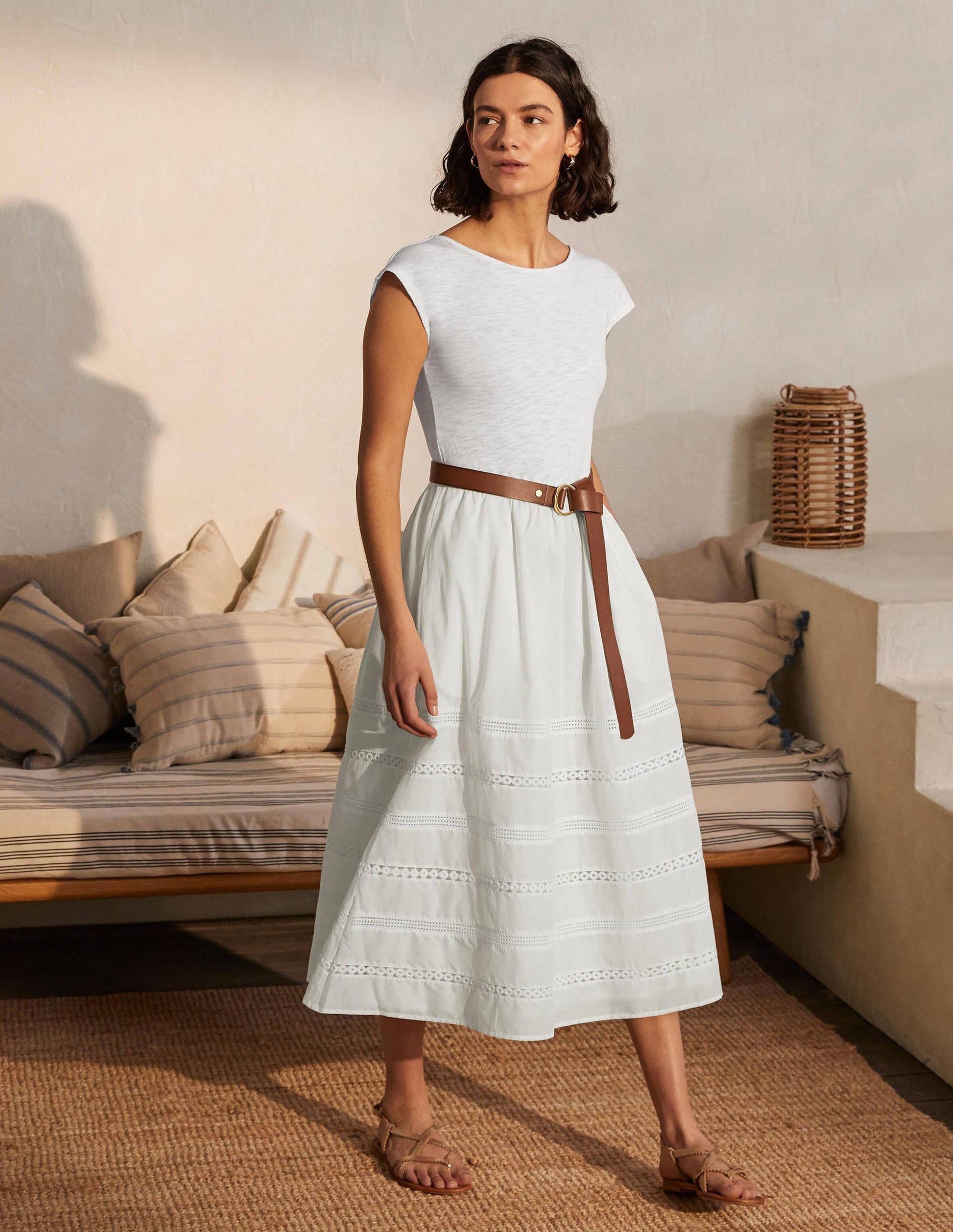 Woven Mix Trim Detail Dress-White-1