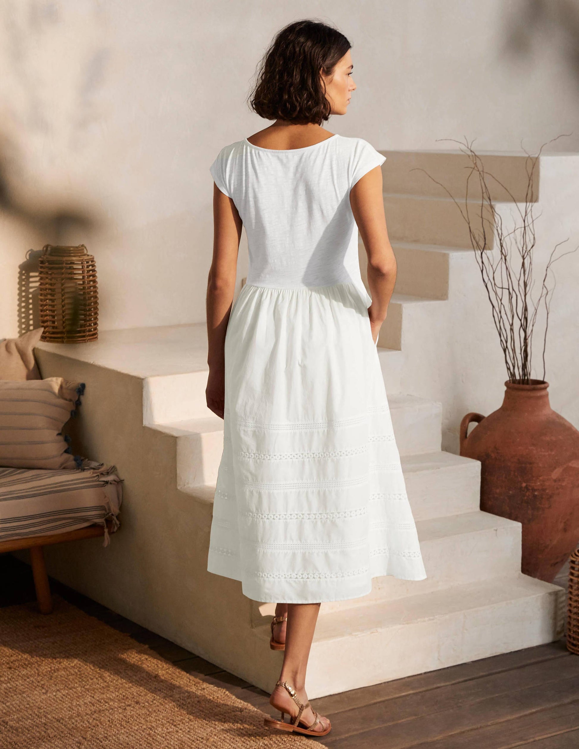 Woven Mix Trim Detail Dress-White-3
