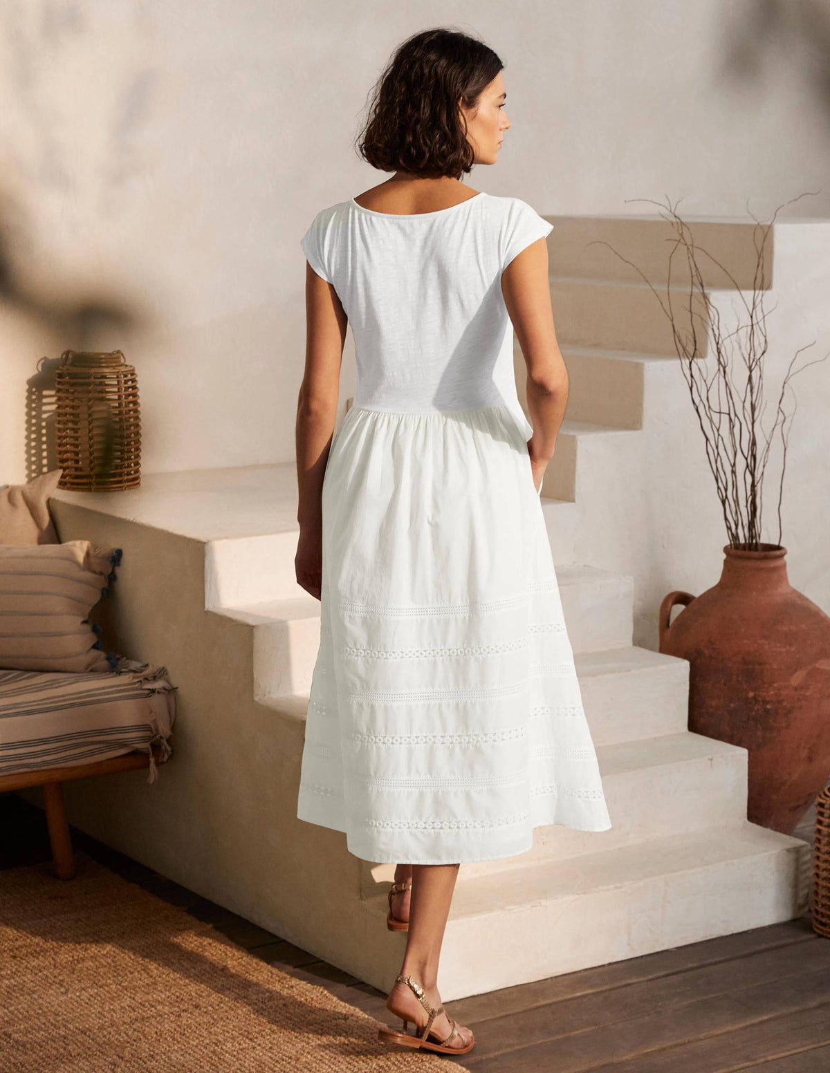 Woven Mix Trim Detail Dress-White - Image 3