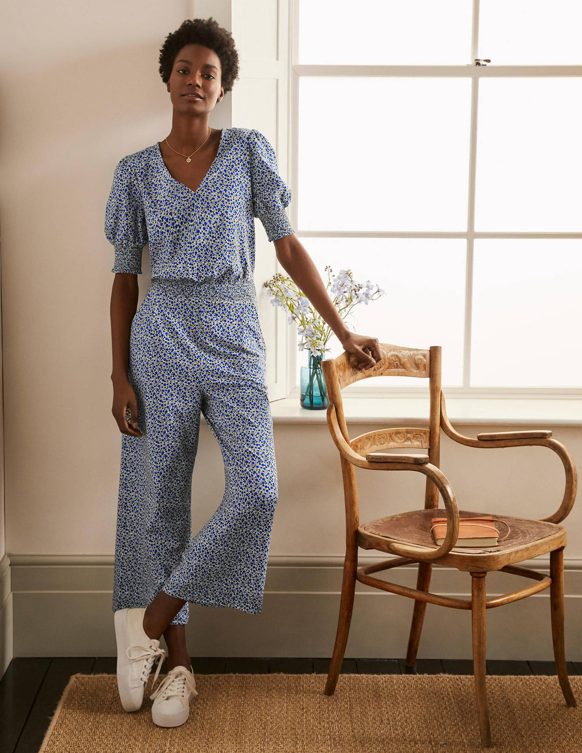 Estella Jersey Jumpsuit-Ivory, Meadow Spot - Image 1
