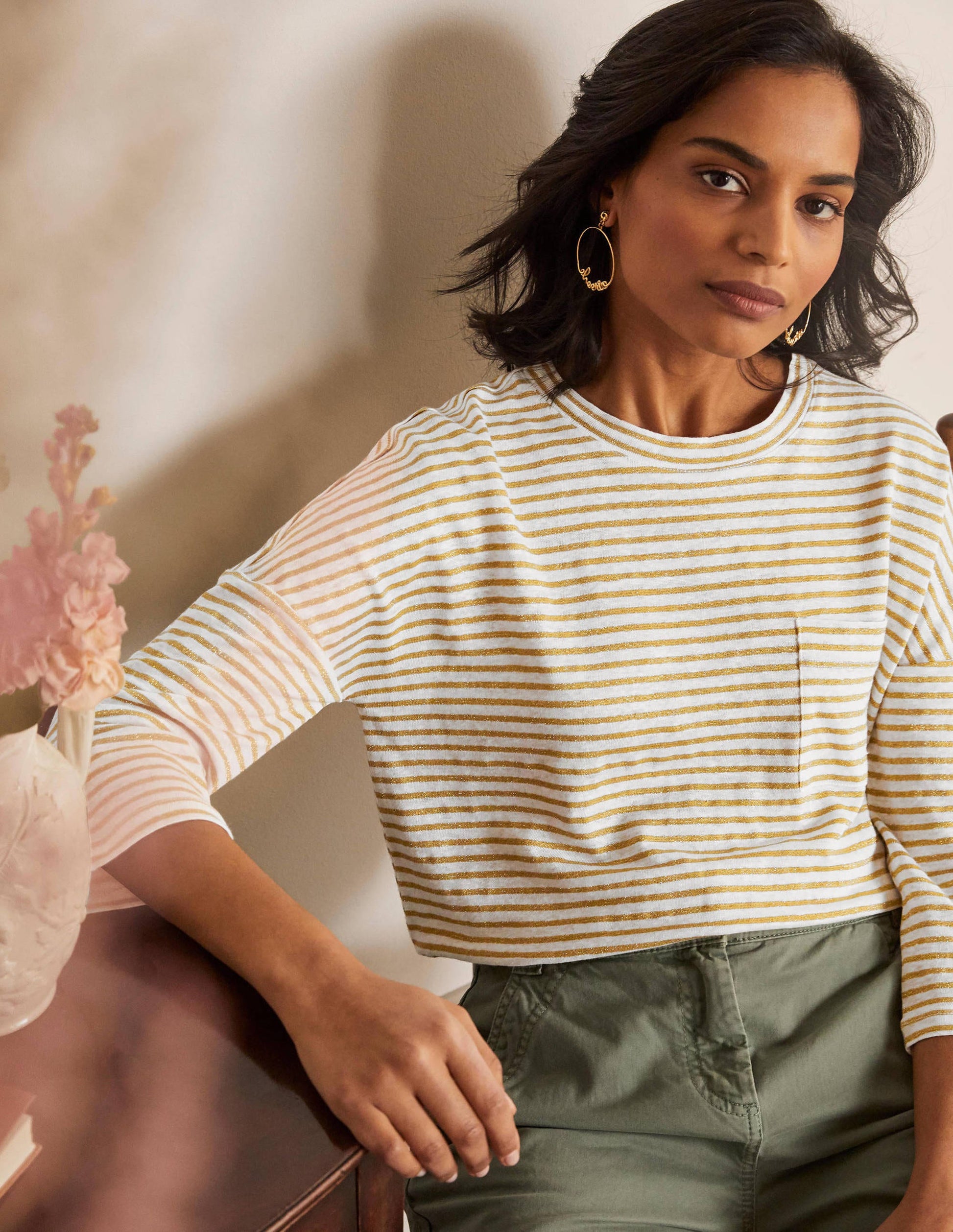 Ottilie Linen Jersey Top-Gold/ Ivory-1