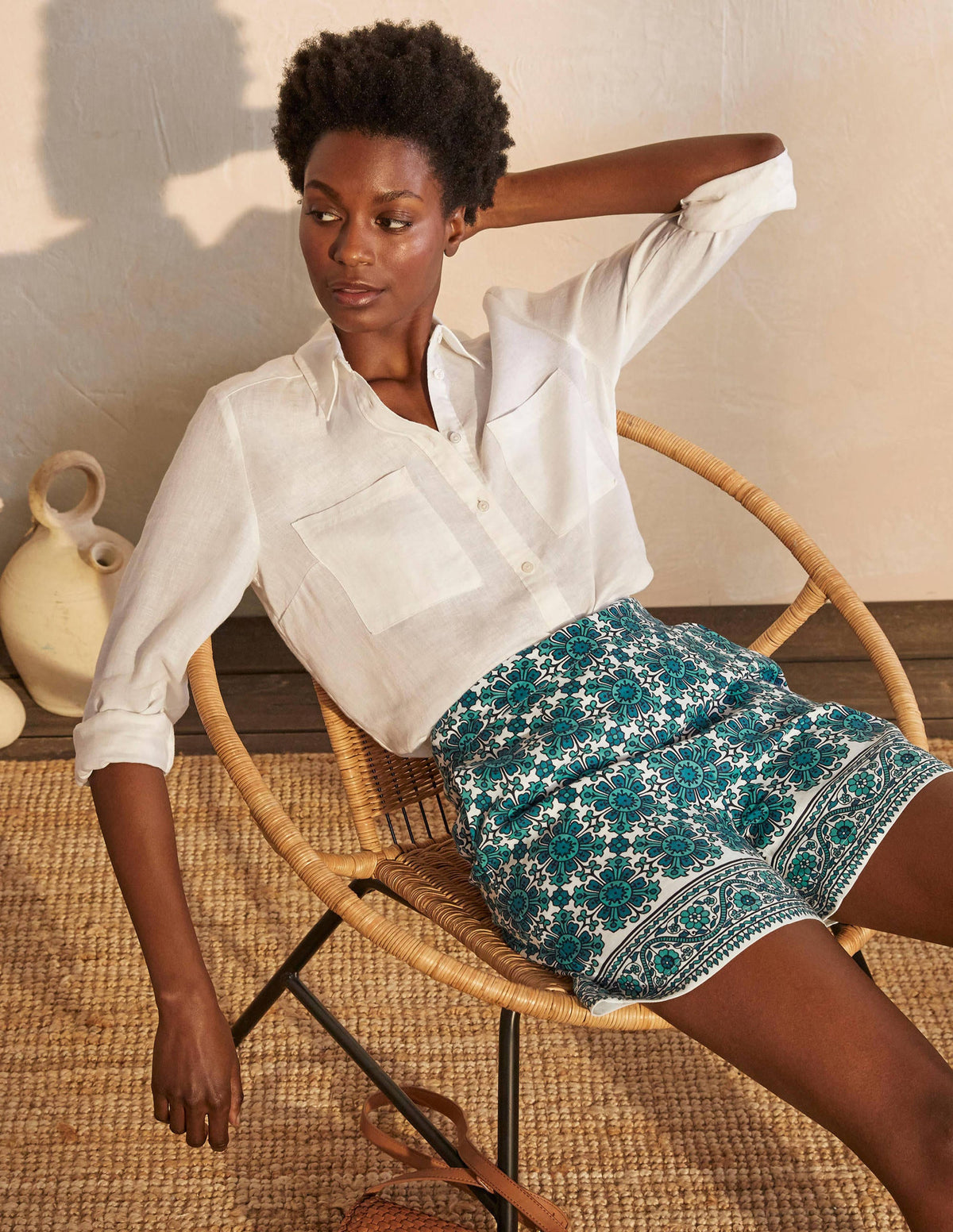 Georgina Linen Shorts-Indian Ocean, Flora Tile - Image 4