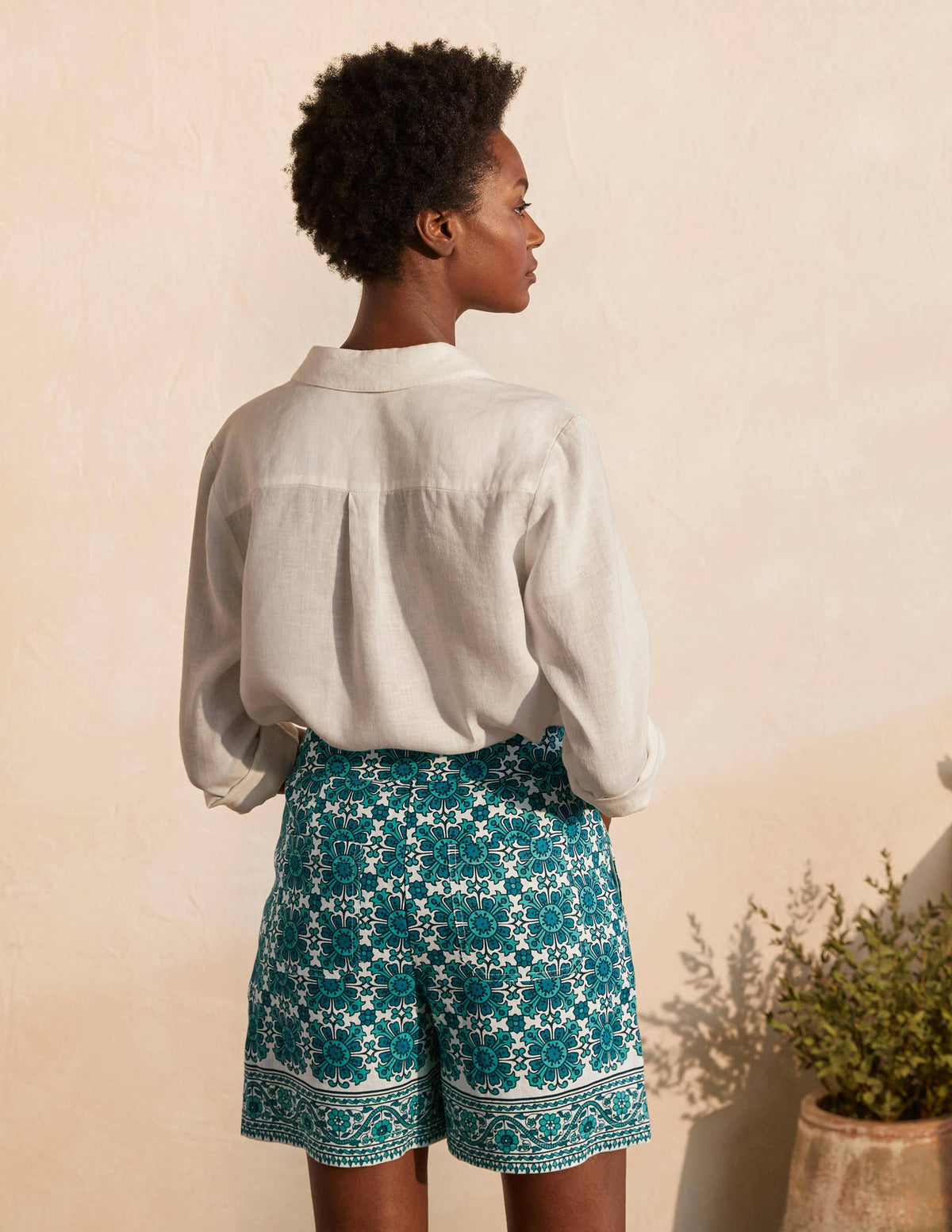 Georgina Linen Shorts-Indian Ocean, Flora Tile-2