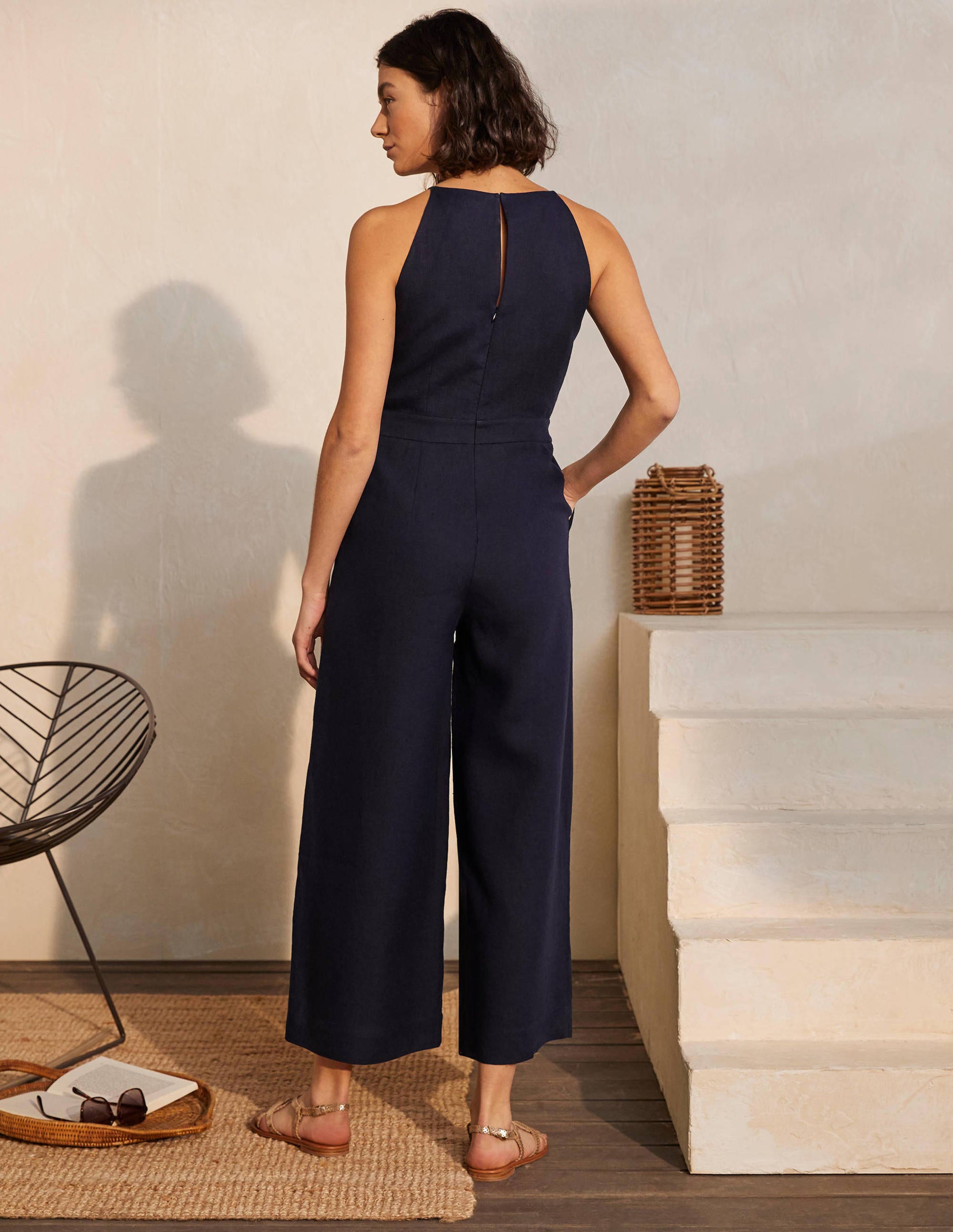 Halterneck Linen Jumpsuit-Navy - Image 2