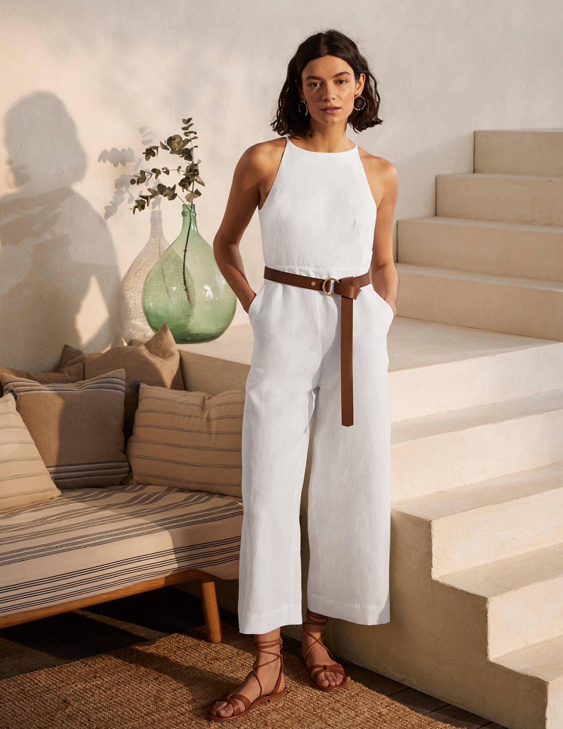 Halterneck Linen Jumpsuit-White-5