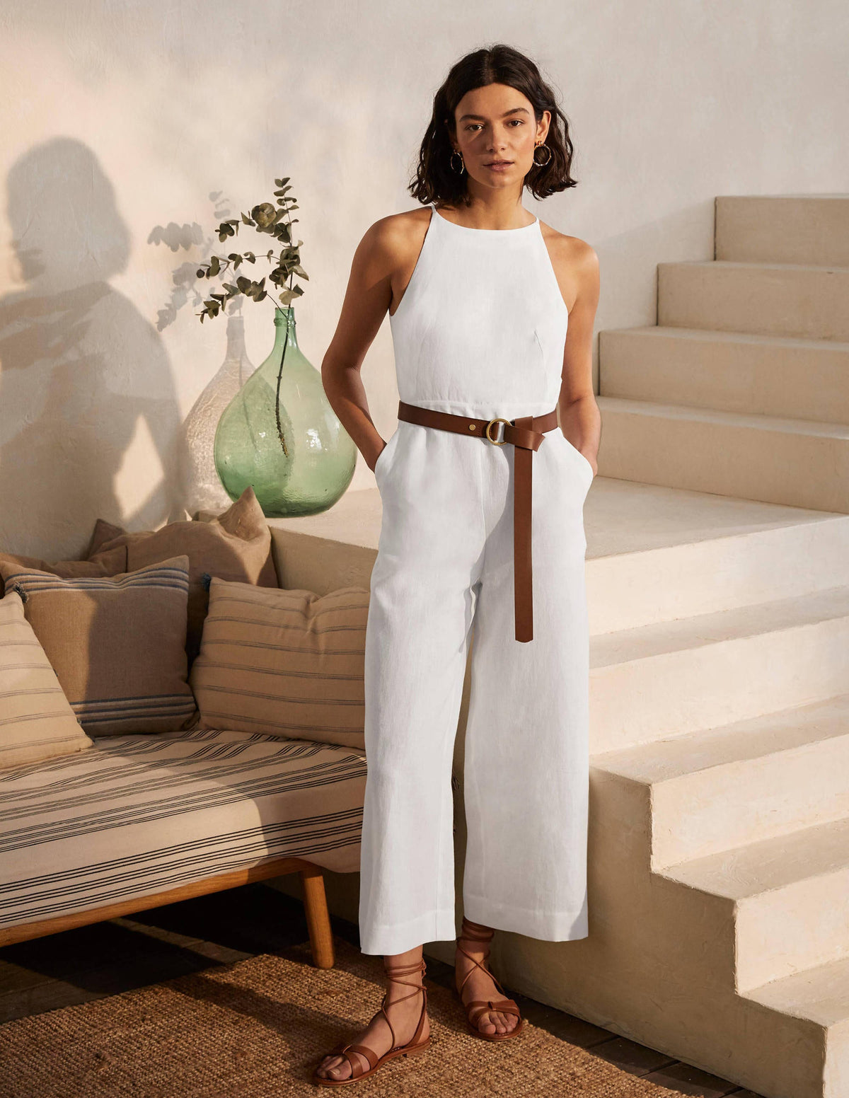 Halterneck Linen Jumpsuit-White - Image 5