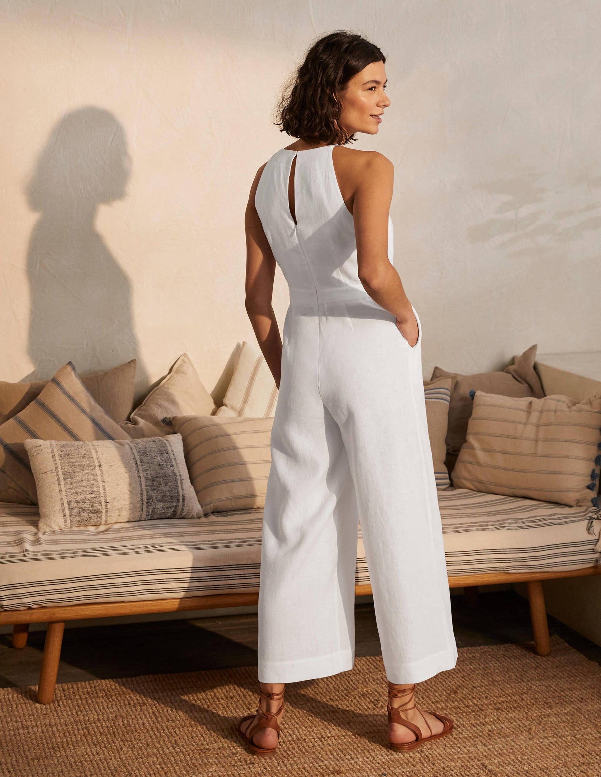 Halterneck Linen Jumpsuit-White-2