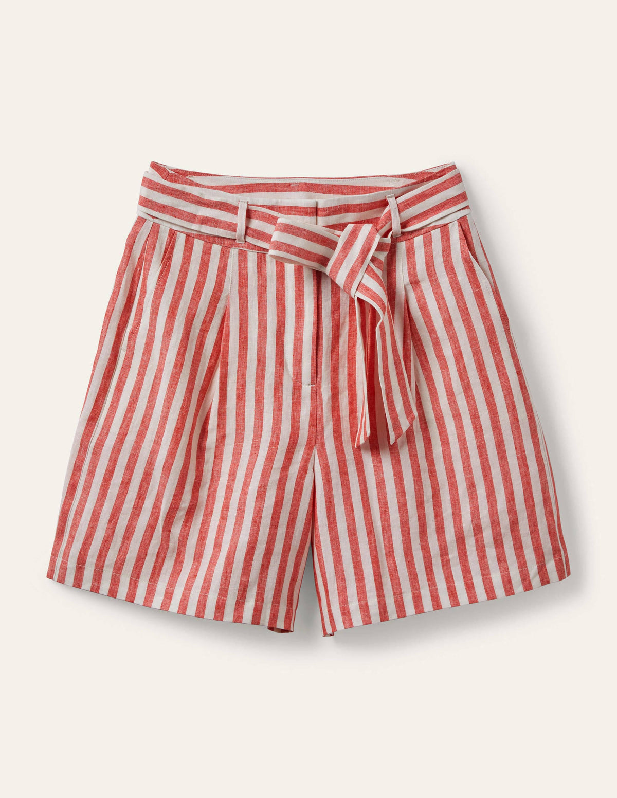 Alma Tie Waist Linen Shorts-Cherry Red Stripe-6