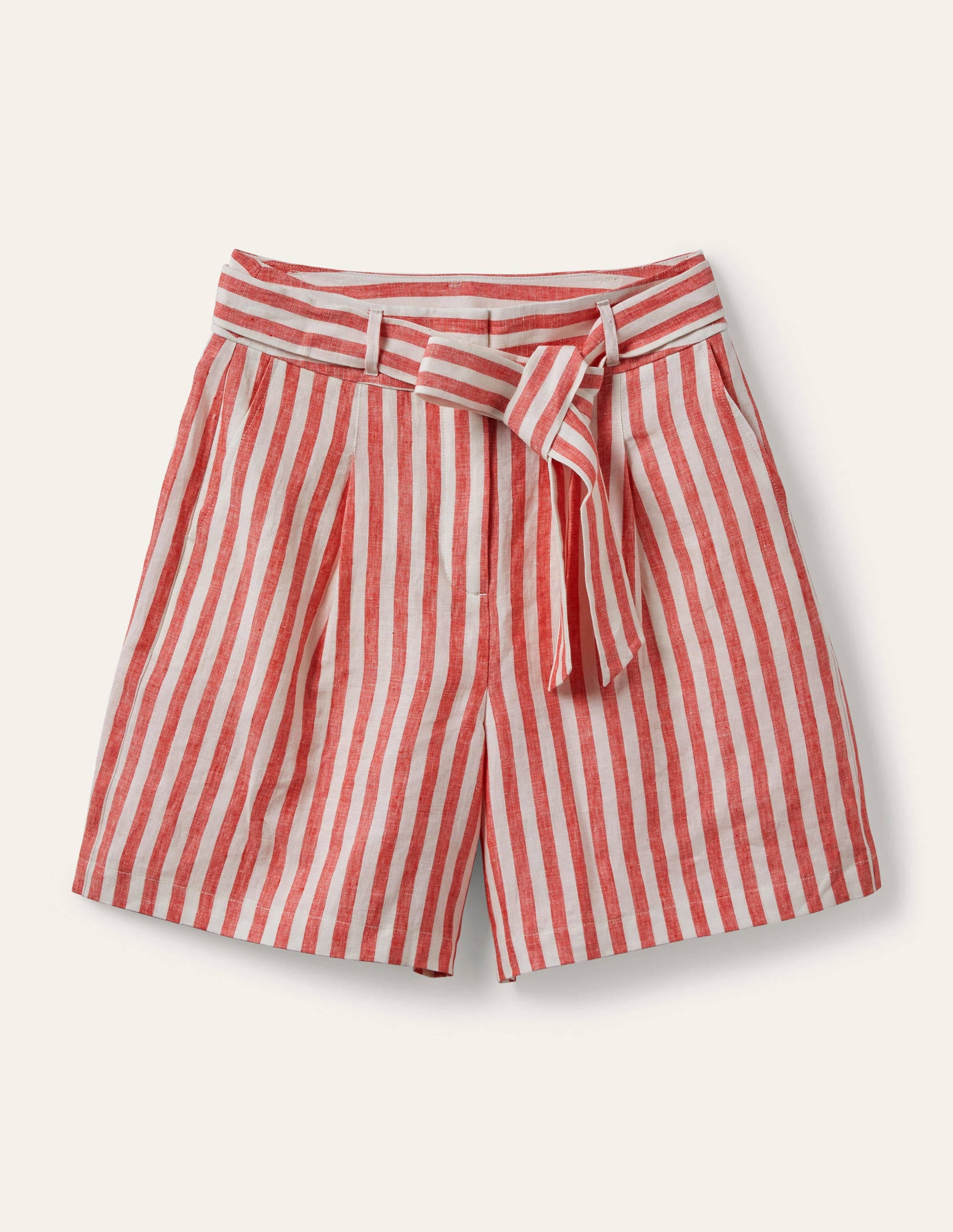 Alma Tie Waist Linen Shorts-Cherry Red Stripe - Image 6