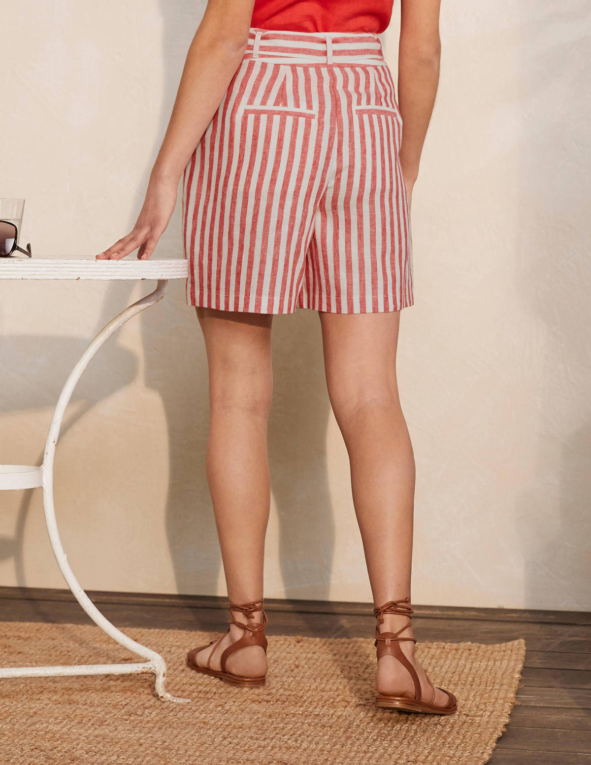 Alma Tie Waist Linen Shorts-Cherry Red Stripe - Image 2