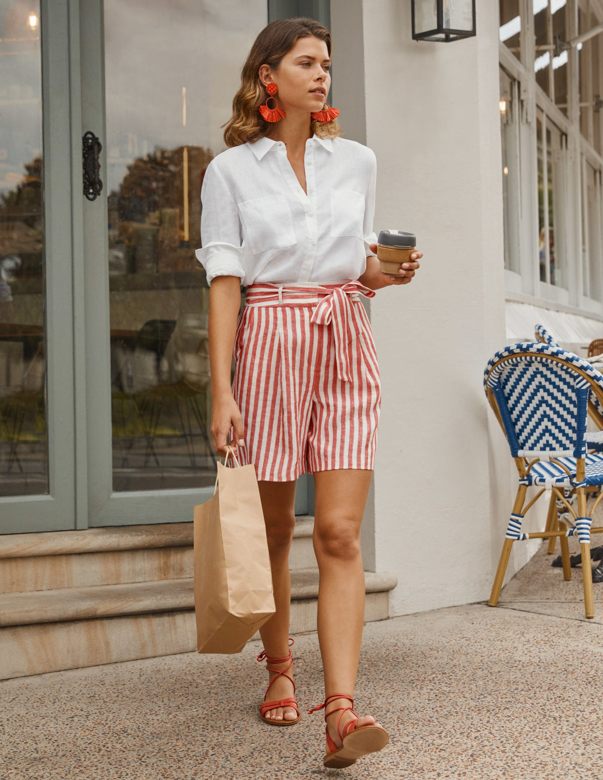 Alma Tie Waist Linen Shorts-Cherry Red Stripe - Image 4