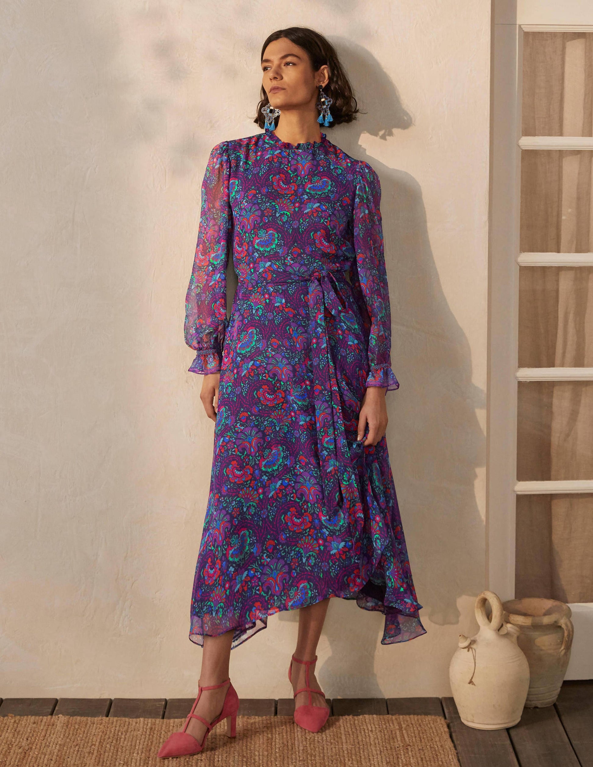 Saskia Silk Dress-French Navy, Opulent Bloom-4