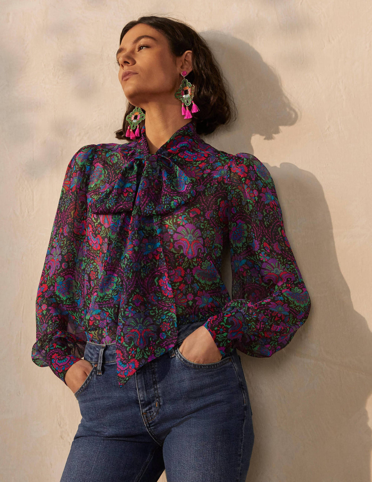 Rosaline Silk Blouse-French Navy, Opulent Bloom - Image 4