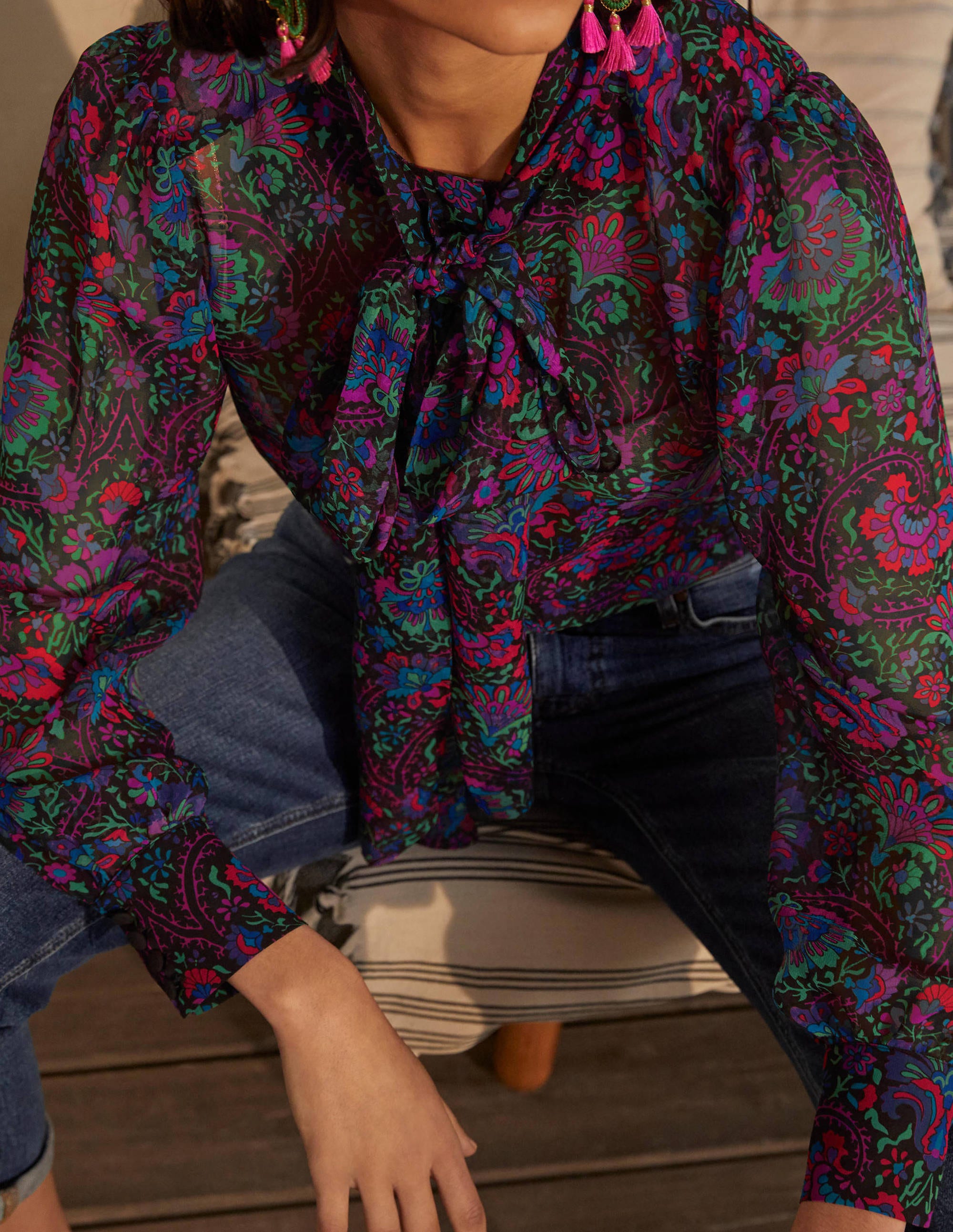 Rosaline Silk Blouse-French Navy, Opulent Bloom - Image 1